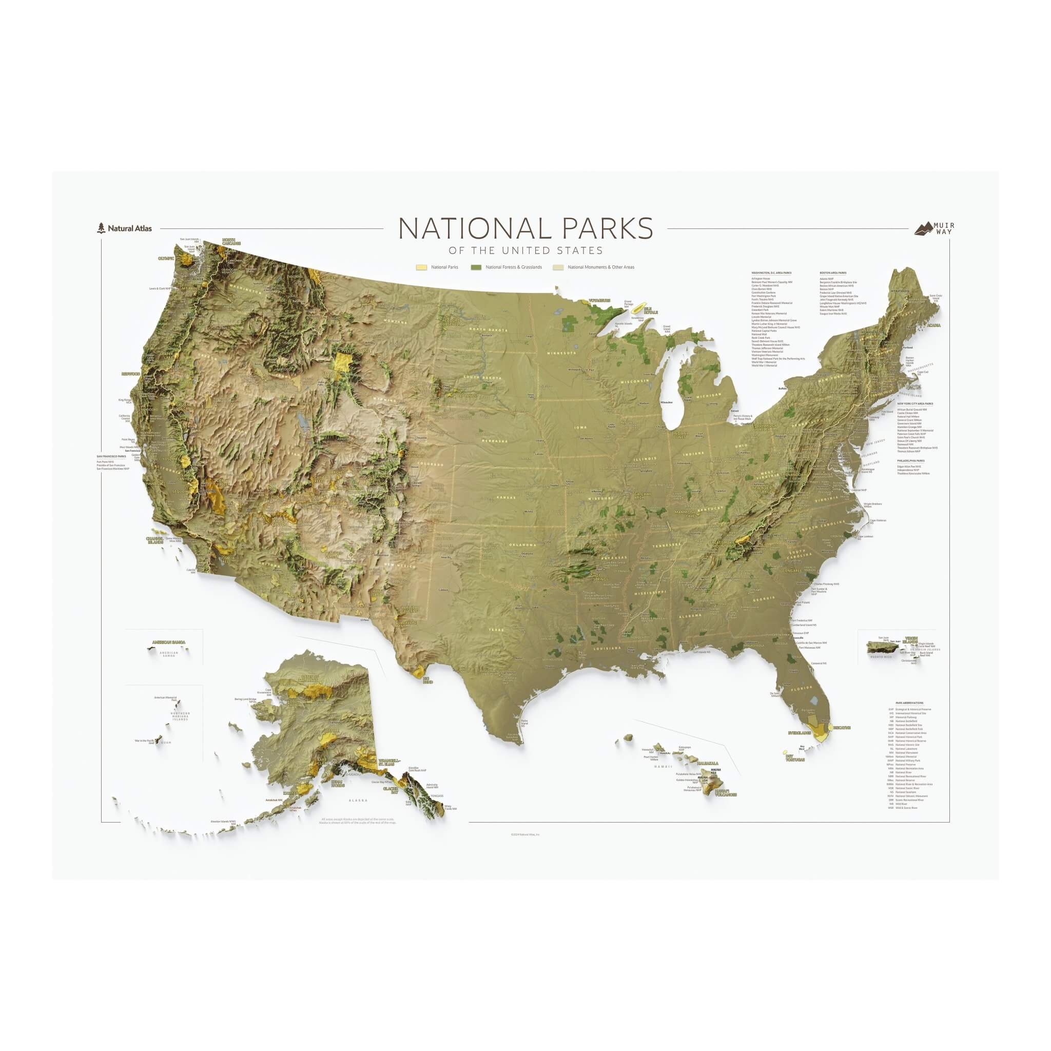 National Parks of the US Shaded Relief Map - Muir Way - Natural Atlas