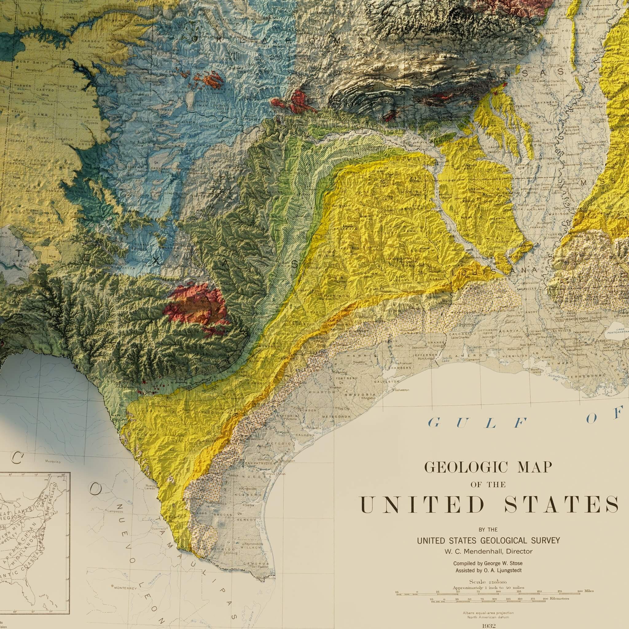 USA Geological 1932 Shaded Relief Map - Muir Way - Vintage Relief