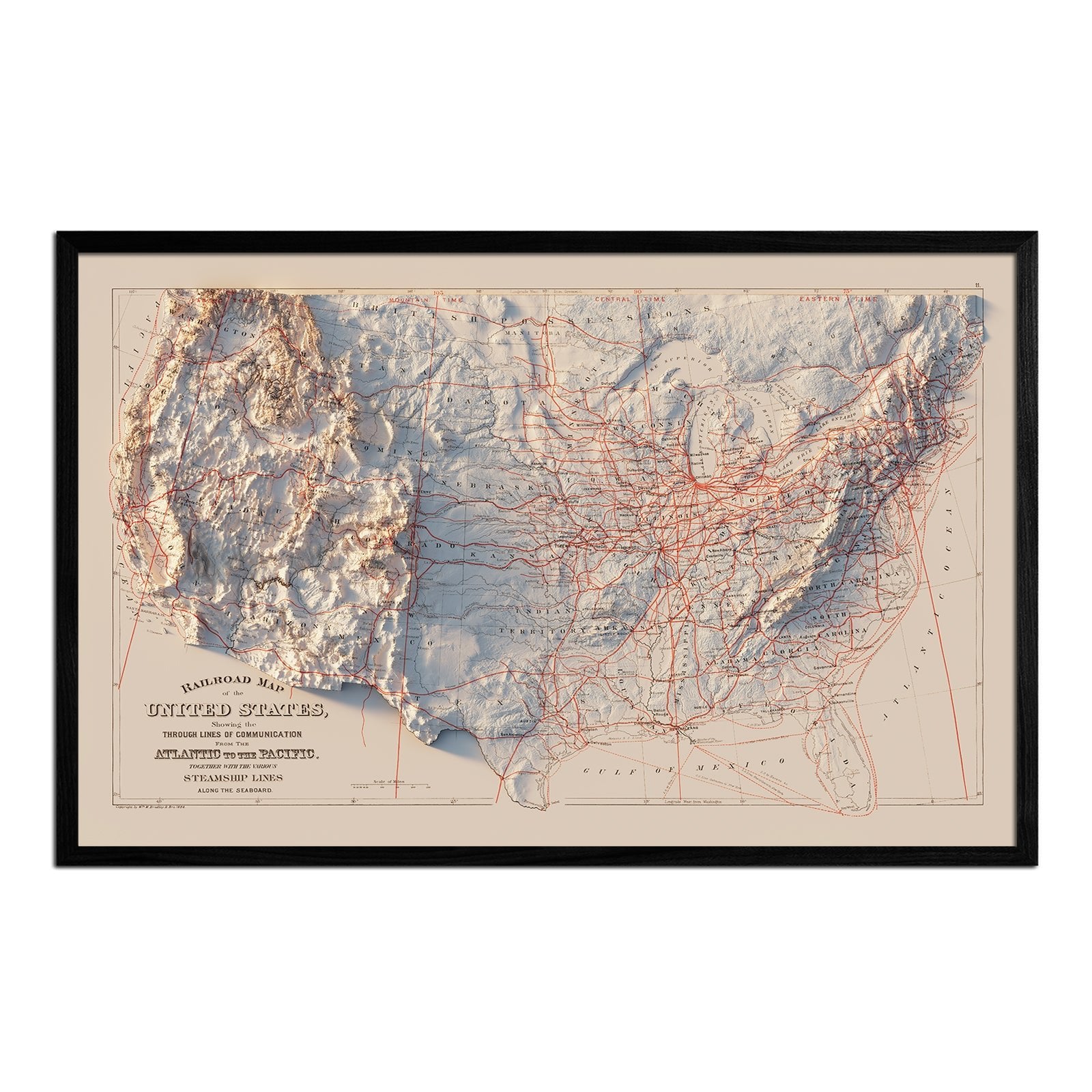 USA Railroad 1884 Shaded Relief Map - Muir Way - Vintage Relief