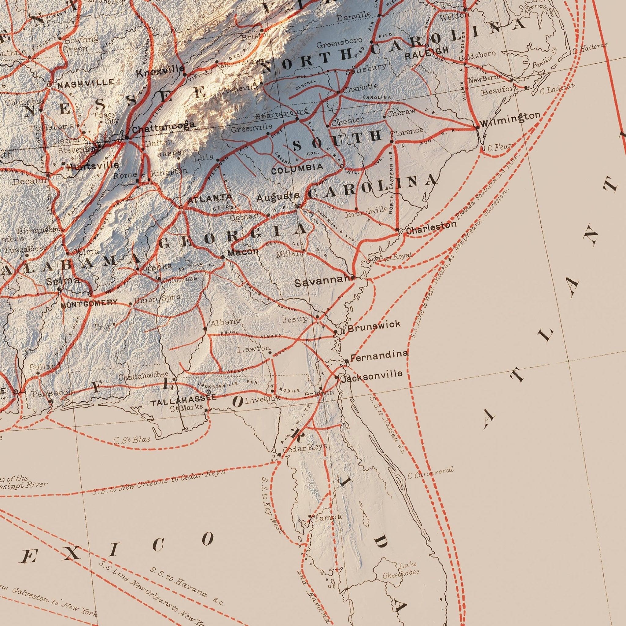 USA Railroad 1884 Shaded Relief Map - Muir Way - Vintage Relief