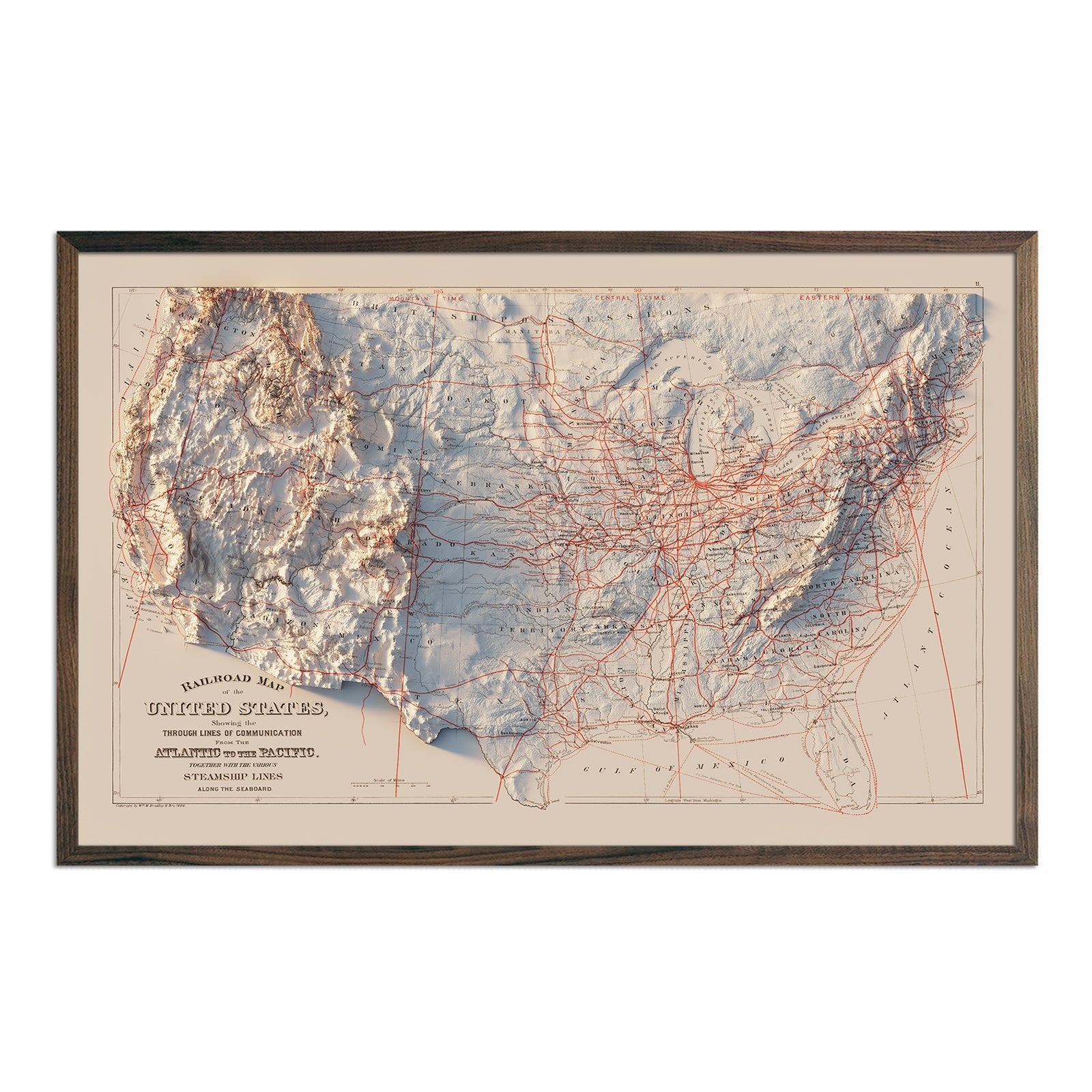 USA Railroad 1884 Shaded Relief Map - Muir Way - Vintage Relief