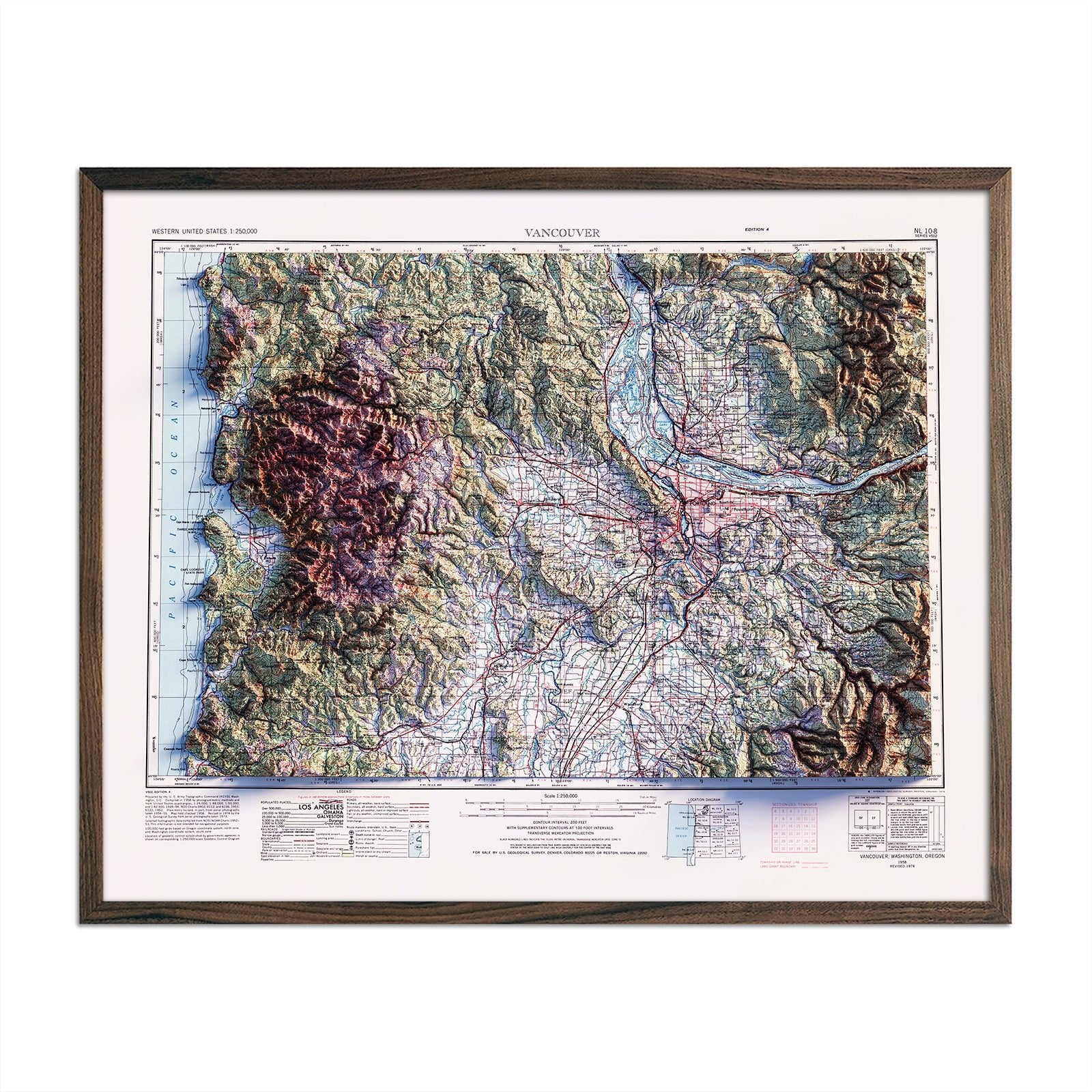 Vancouver, Washington 1958 Shaded Relief Map - Muir Way - Vintage Relief