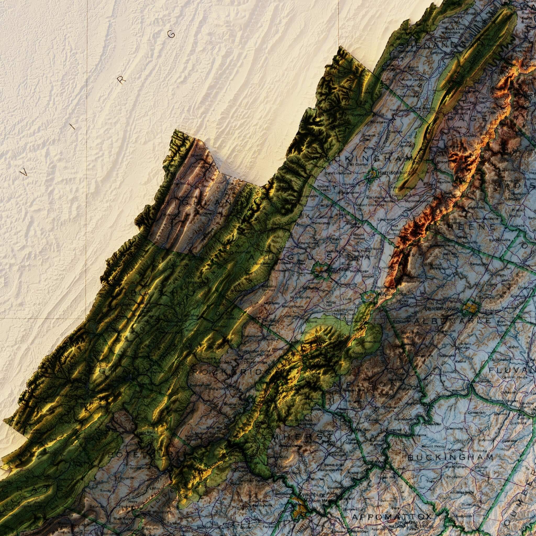 Virginia 1957 Shaded Relief Map - Muir Way - Vintage Relief