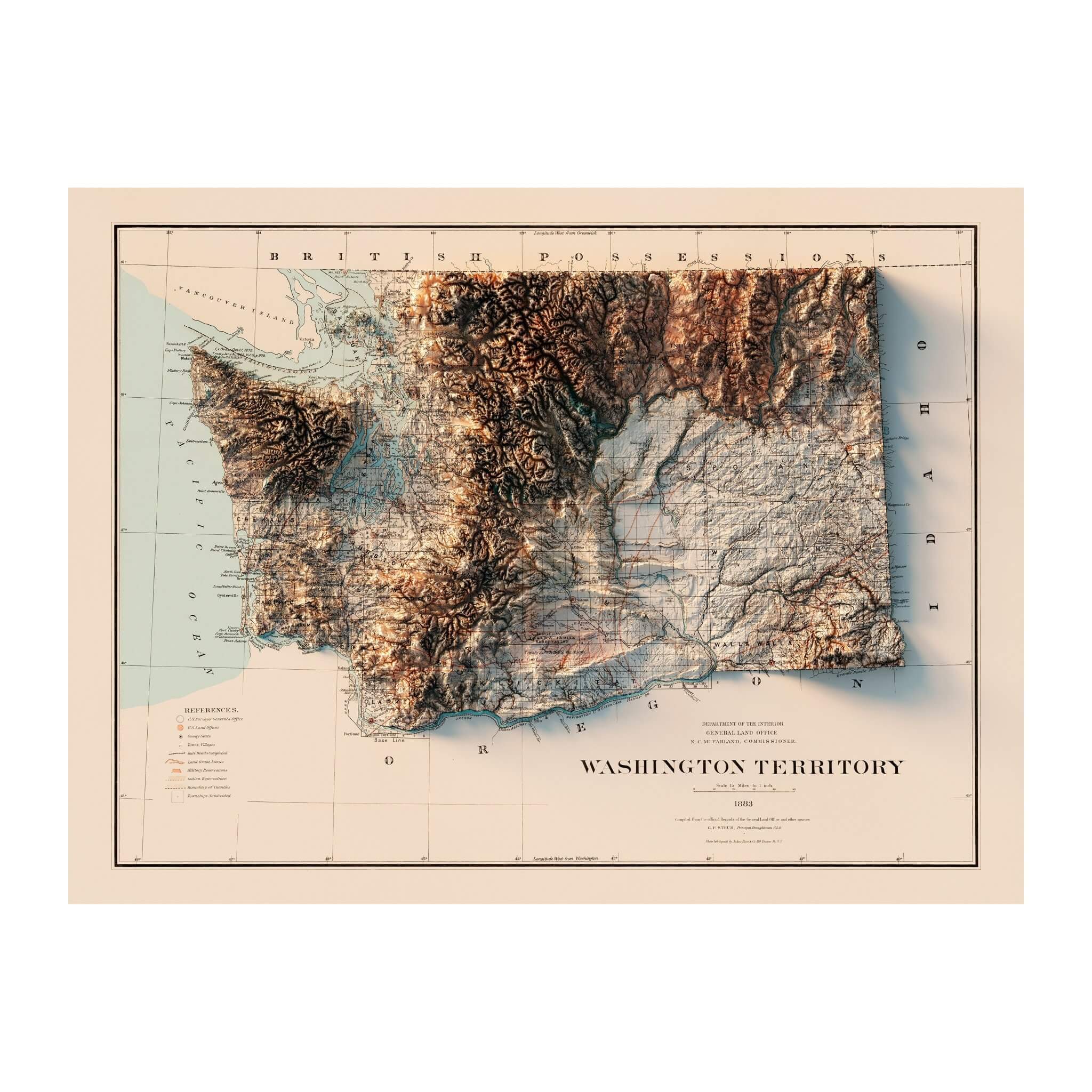 Washington 1883 Shaded Relief Map - Muir Way - Vintage Relief