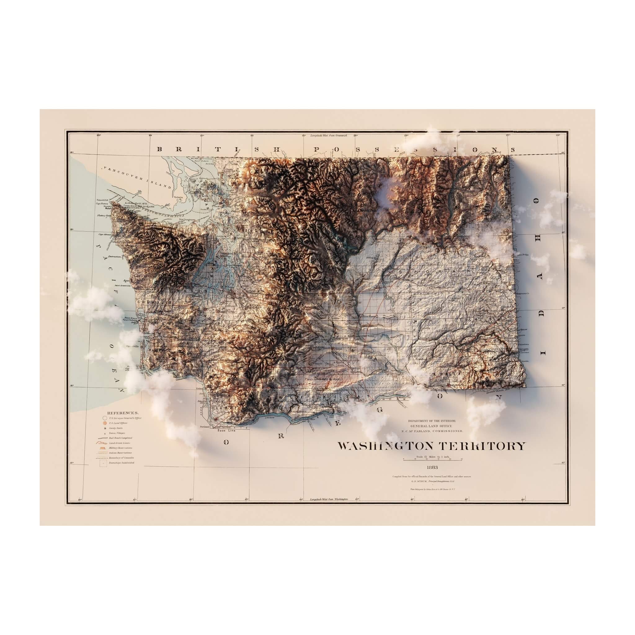 Washington 1883 Shaded Relief Map - Muir Way - Vintage Relief