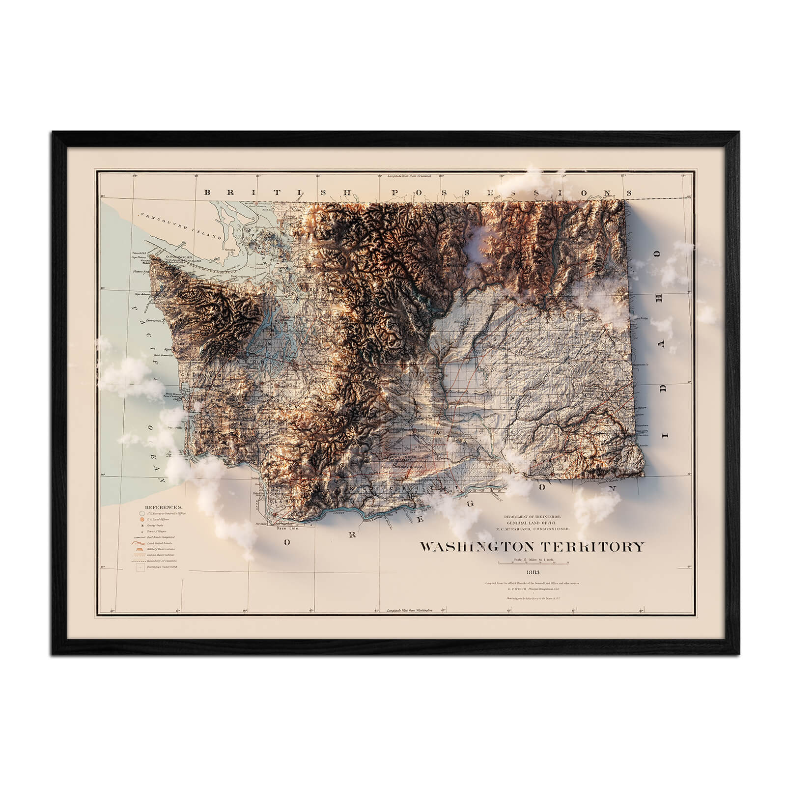 Washington 1883 Shaded Relief Map - Muir Way - Vintage Relief