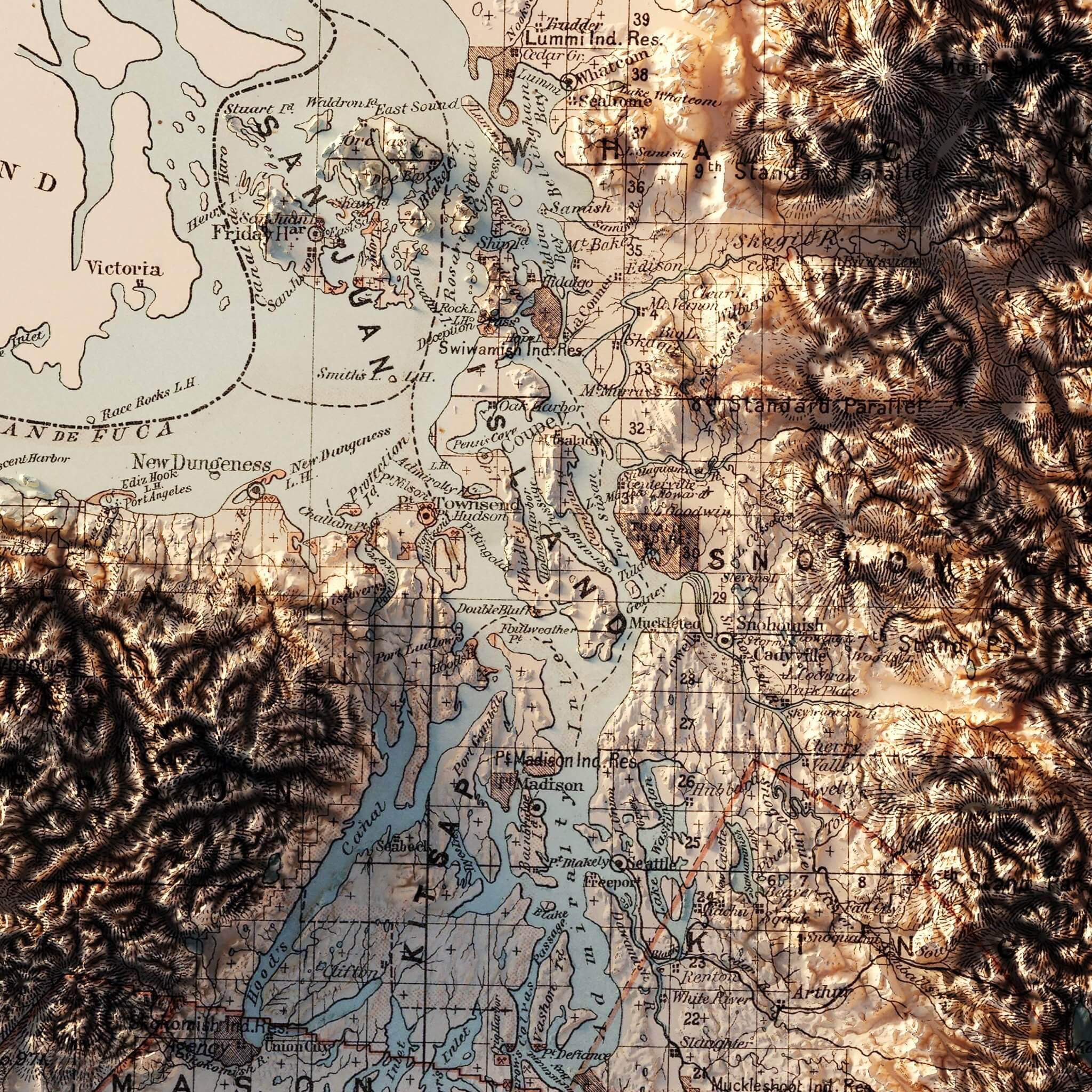 Washington 1883 Shaded Relief Map - Muir Way - Vintage Relief