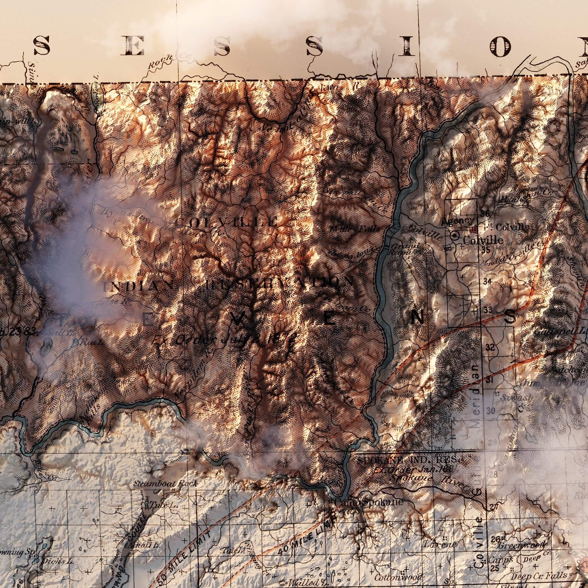 Washington 1883 Shaded Relief Map - Muir Way - Vintage Relief