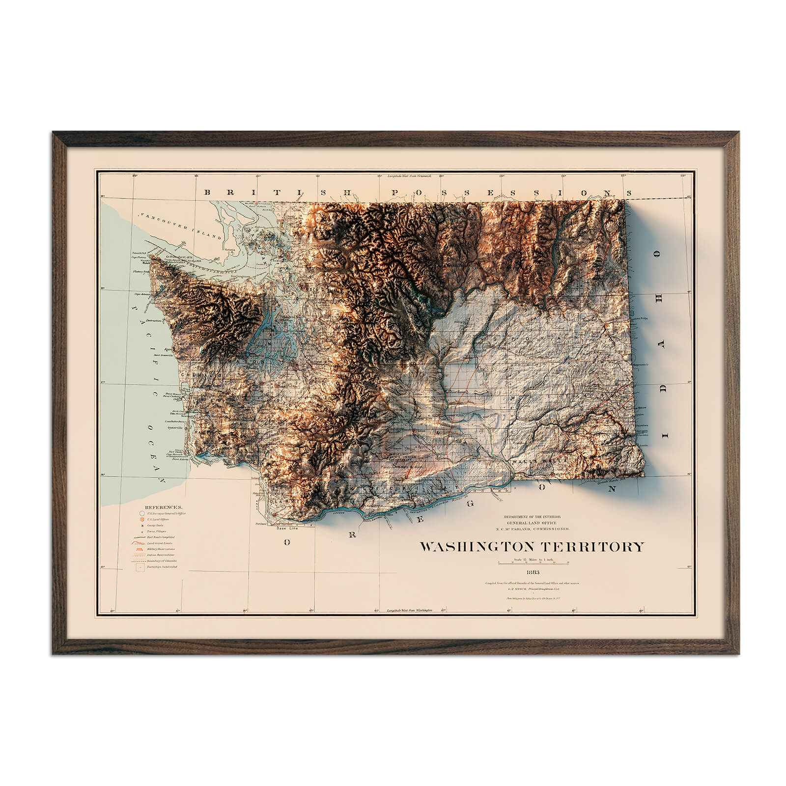 Washington 1883 Shaded Relief Map - Muir Way - Vintage Relief