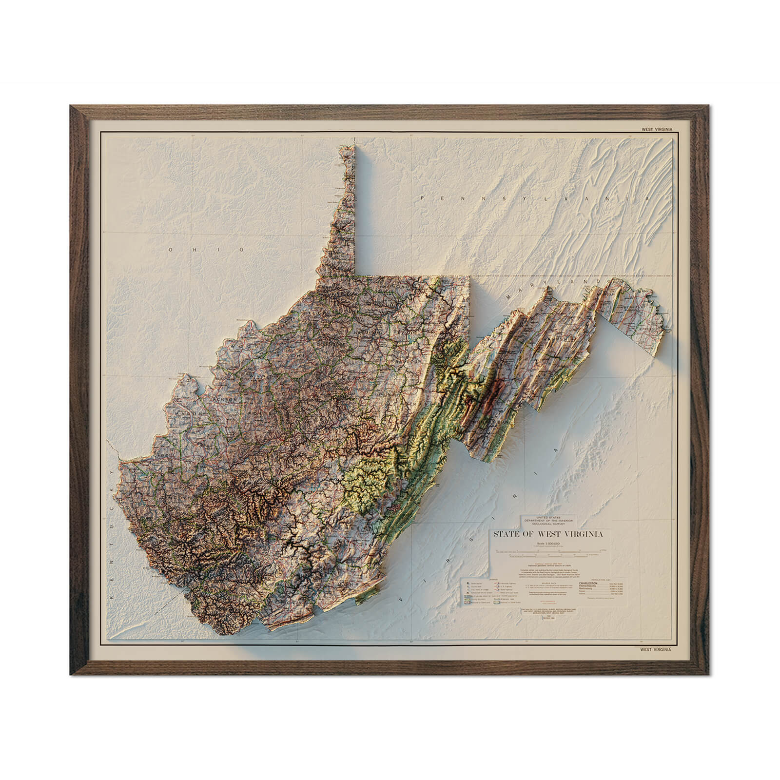 West Virginia 1984 Shaded Relief Map - Muir Way - Vintage Relief