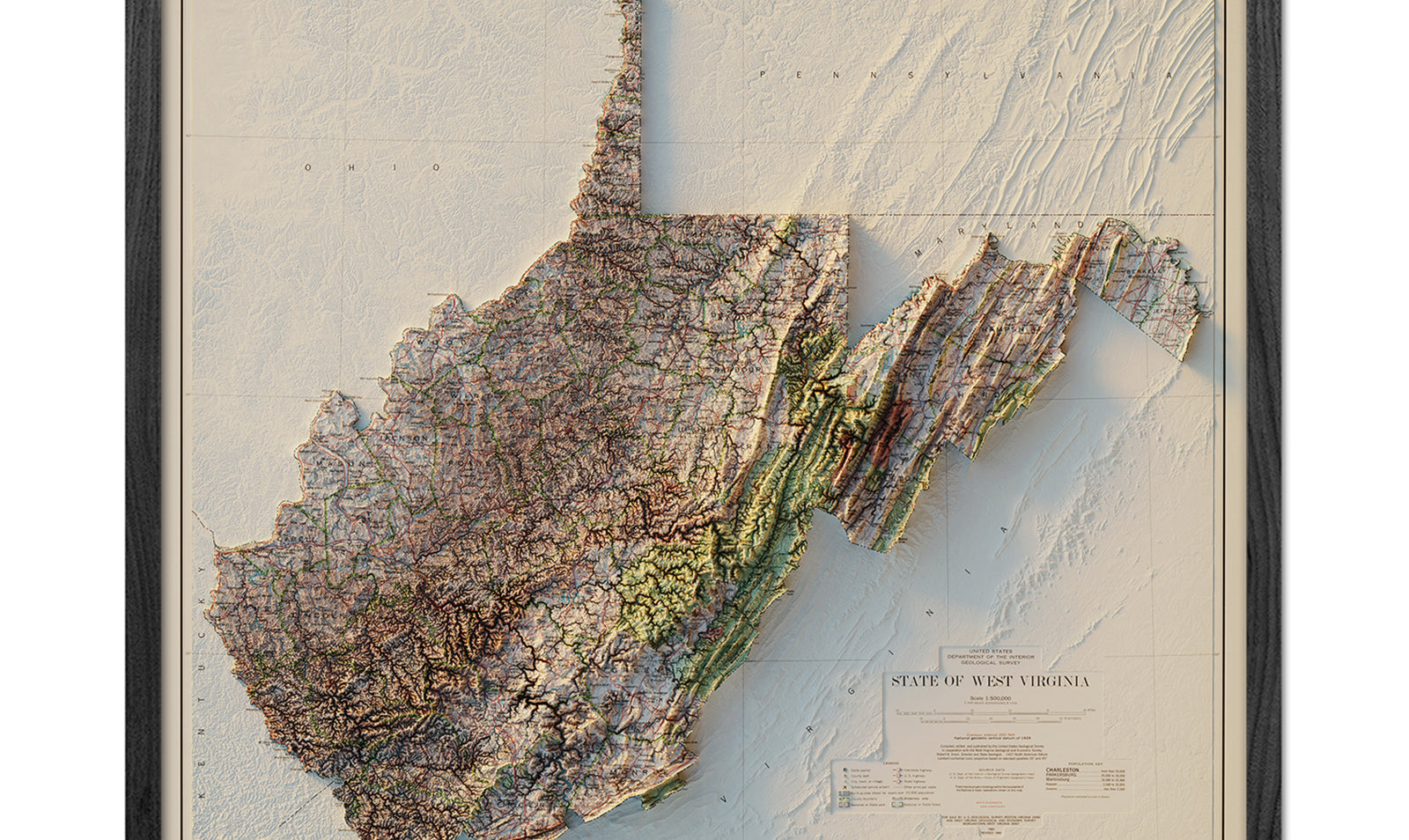 Vintage West Virginia Relief Map - 1984