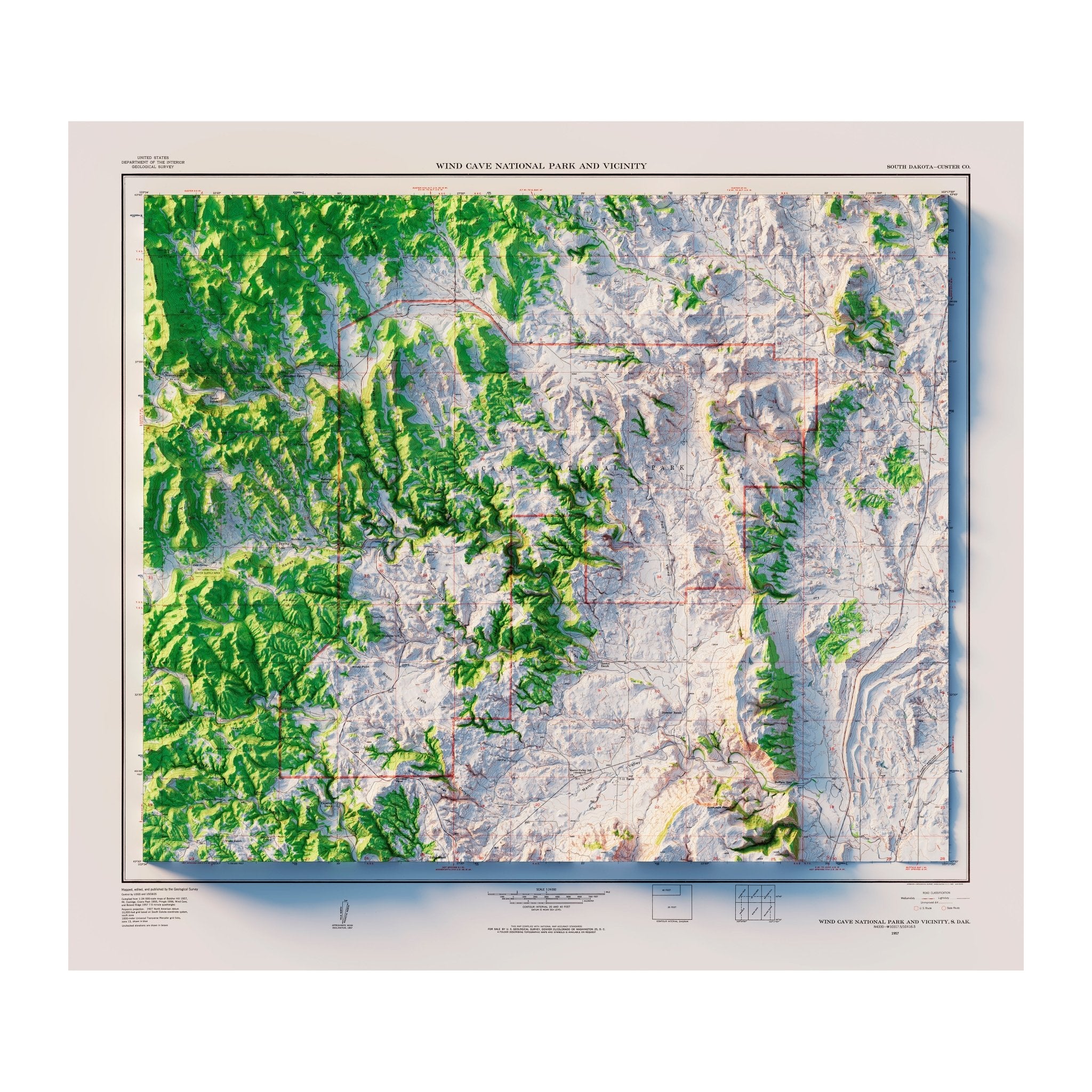 Wind Cave National Park 1957 Shaded Relief Map - Muir Way - Vintage Relief