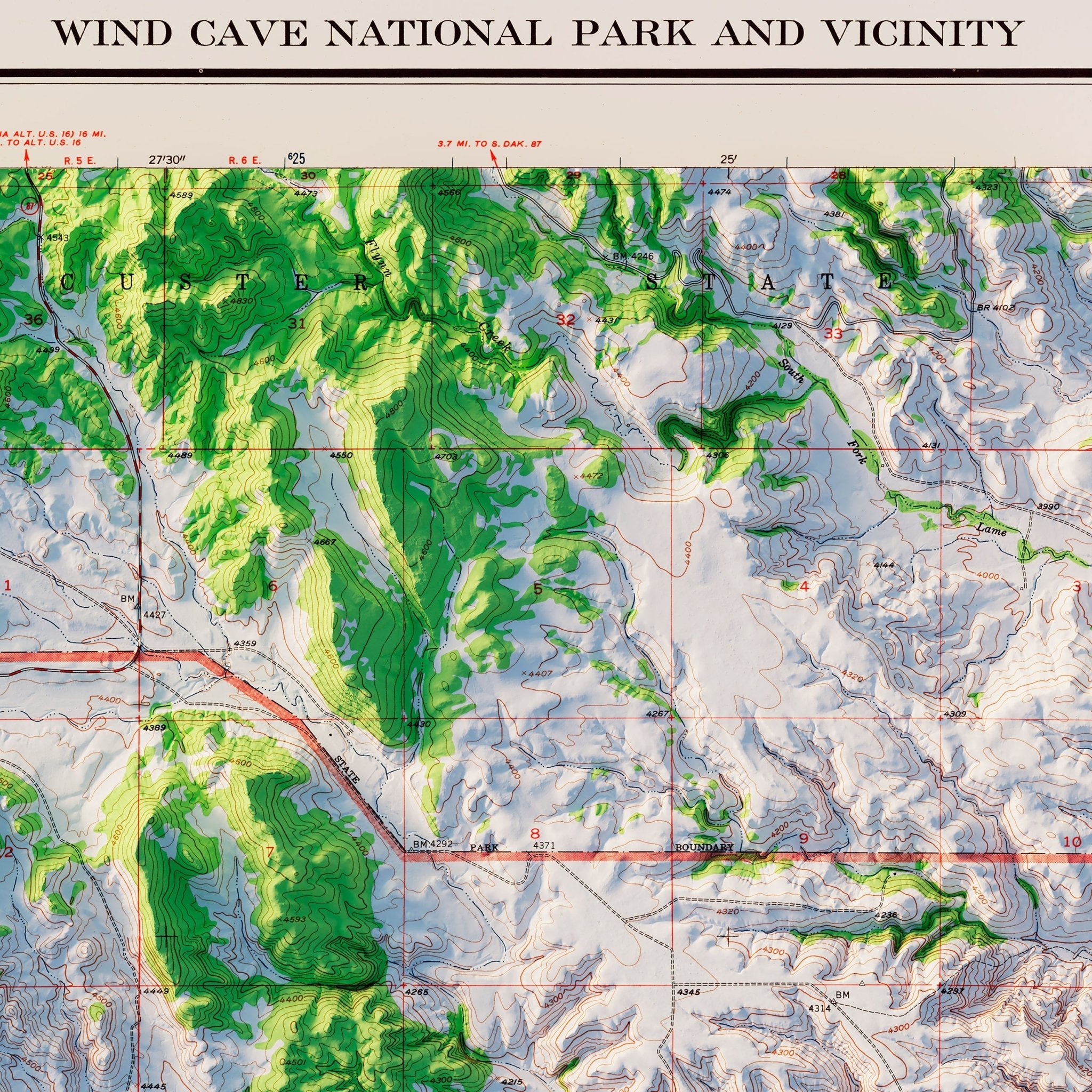 Wind Cave National Park 1957 Shaded Relief Map - Muir Way - Vintage Relief