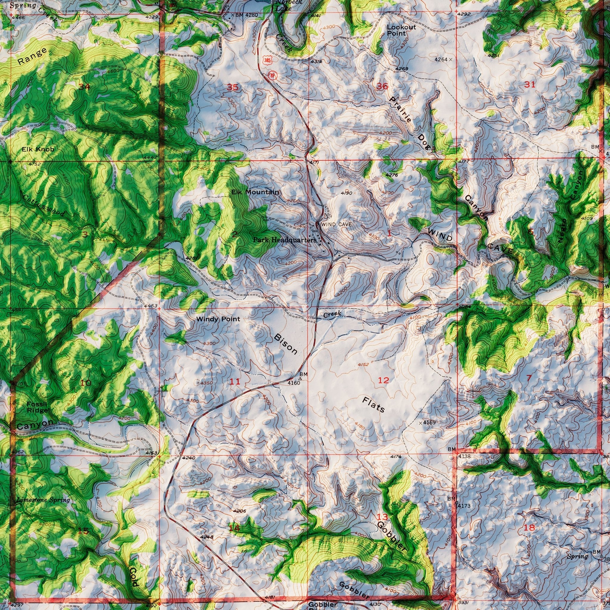 Wind Cave National Park 1957 Shaded Relief Map - Muir Way - Vintage Relief