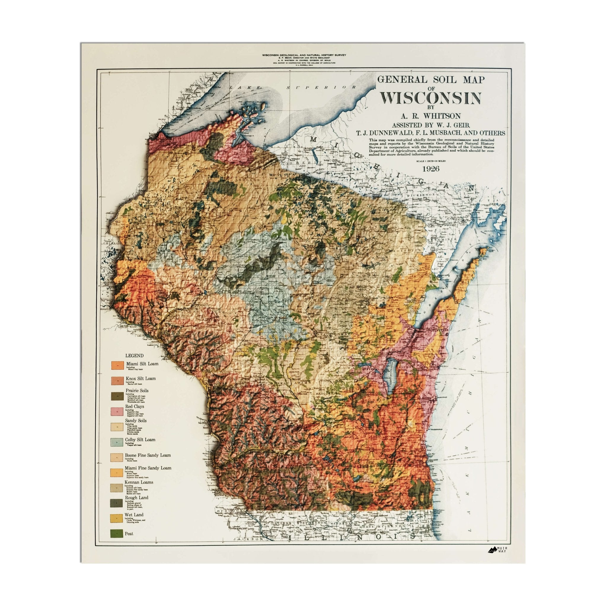Wisconsin 1926 3D Raised Relief Map - Muir Way - 3D