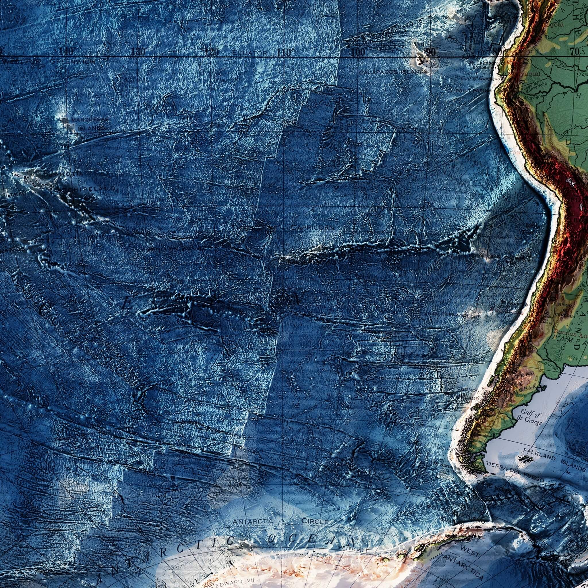 World Map 1917 Shaded Relief Map - Muir Way - Vintage Relief