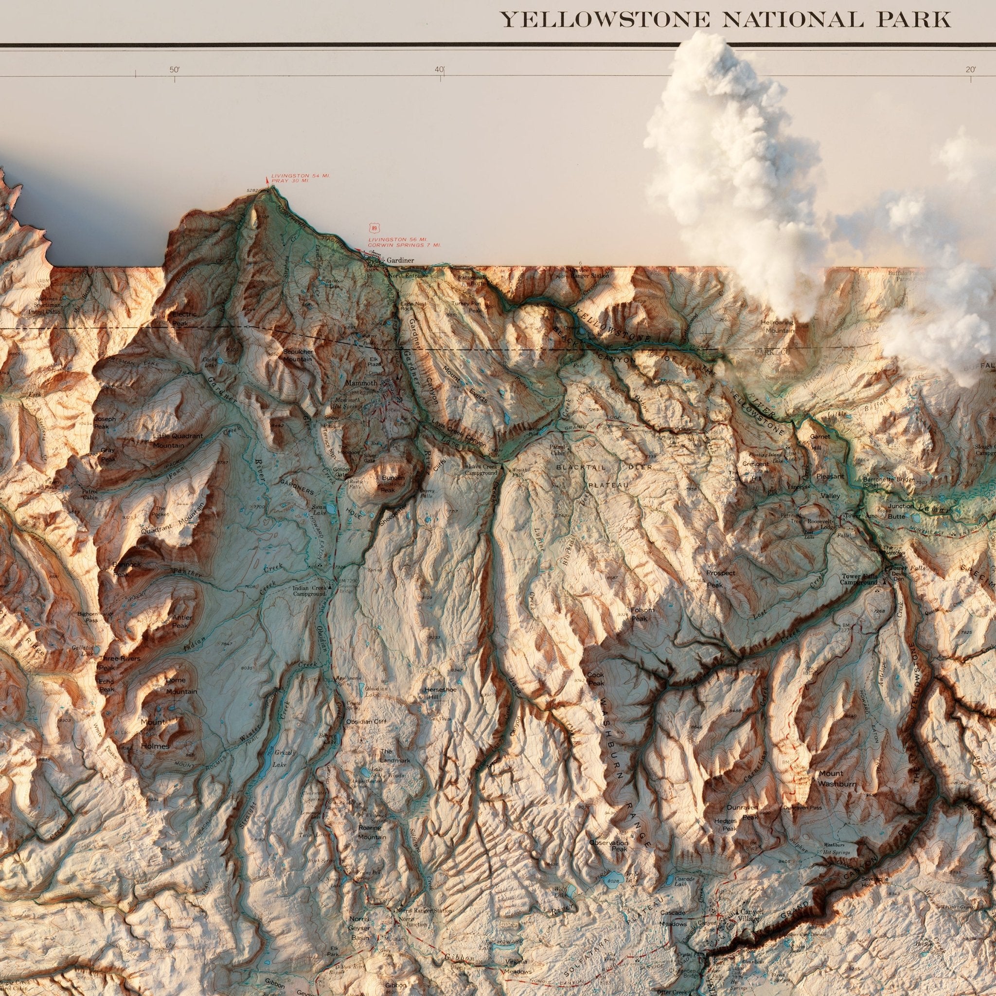 Yellowstone 1961 Shaded Relief Map - Muir Way - Vintage Relief