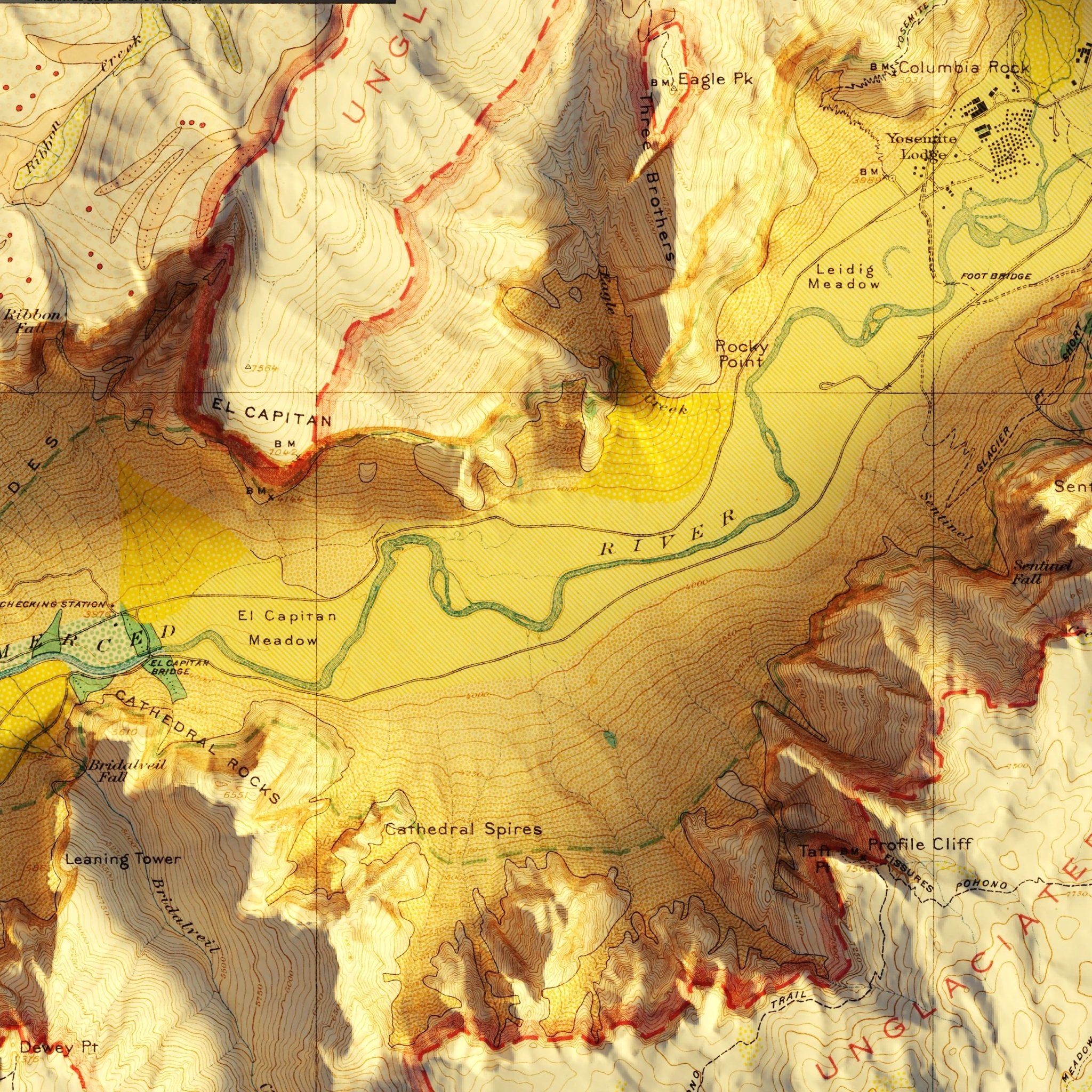 Yosemite Valley 1930 Shaded Relief Map - Muir Way - Vintage Relief