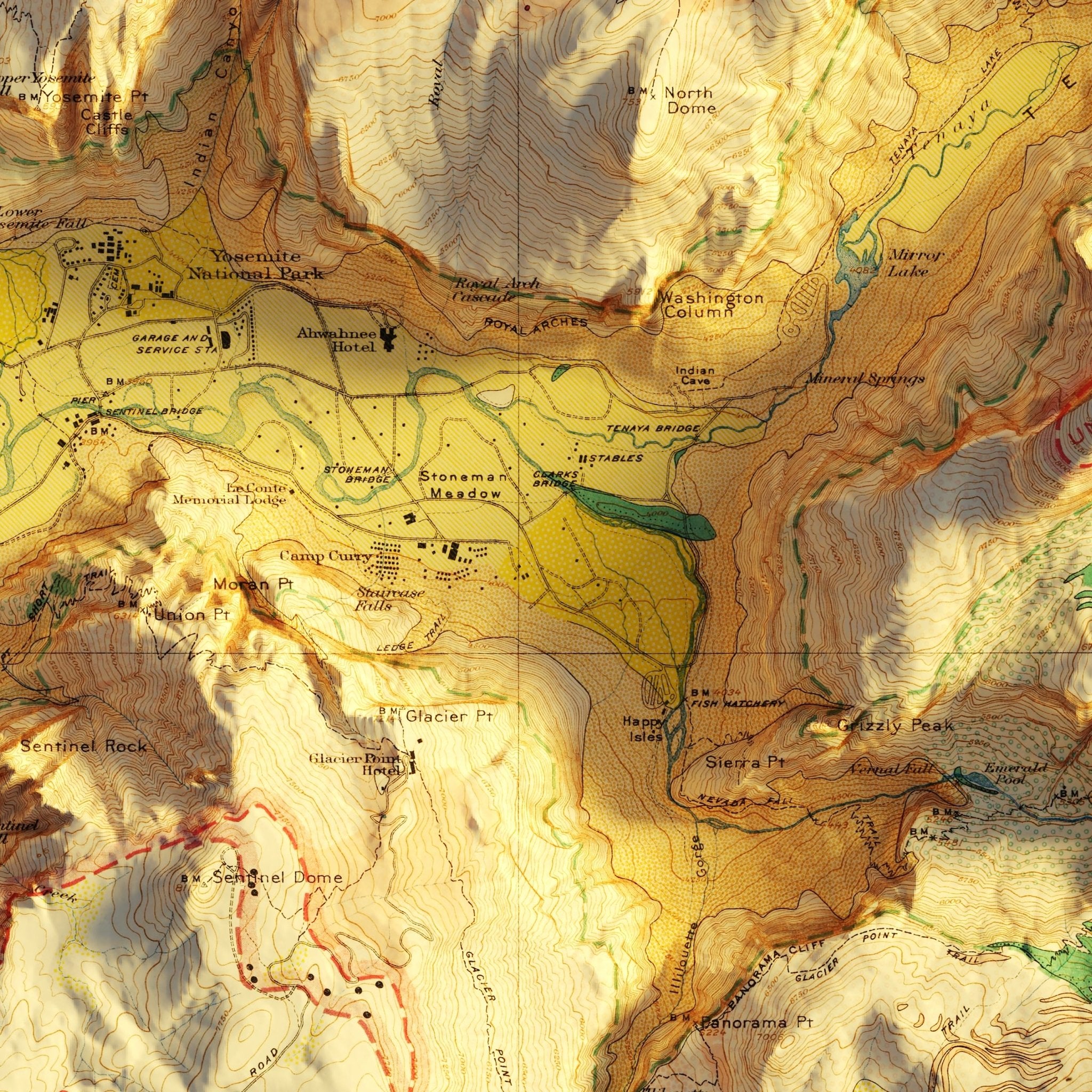 Yosemite Valley 1930 Shaded Relief Map - Muir Way - Vintage Relief