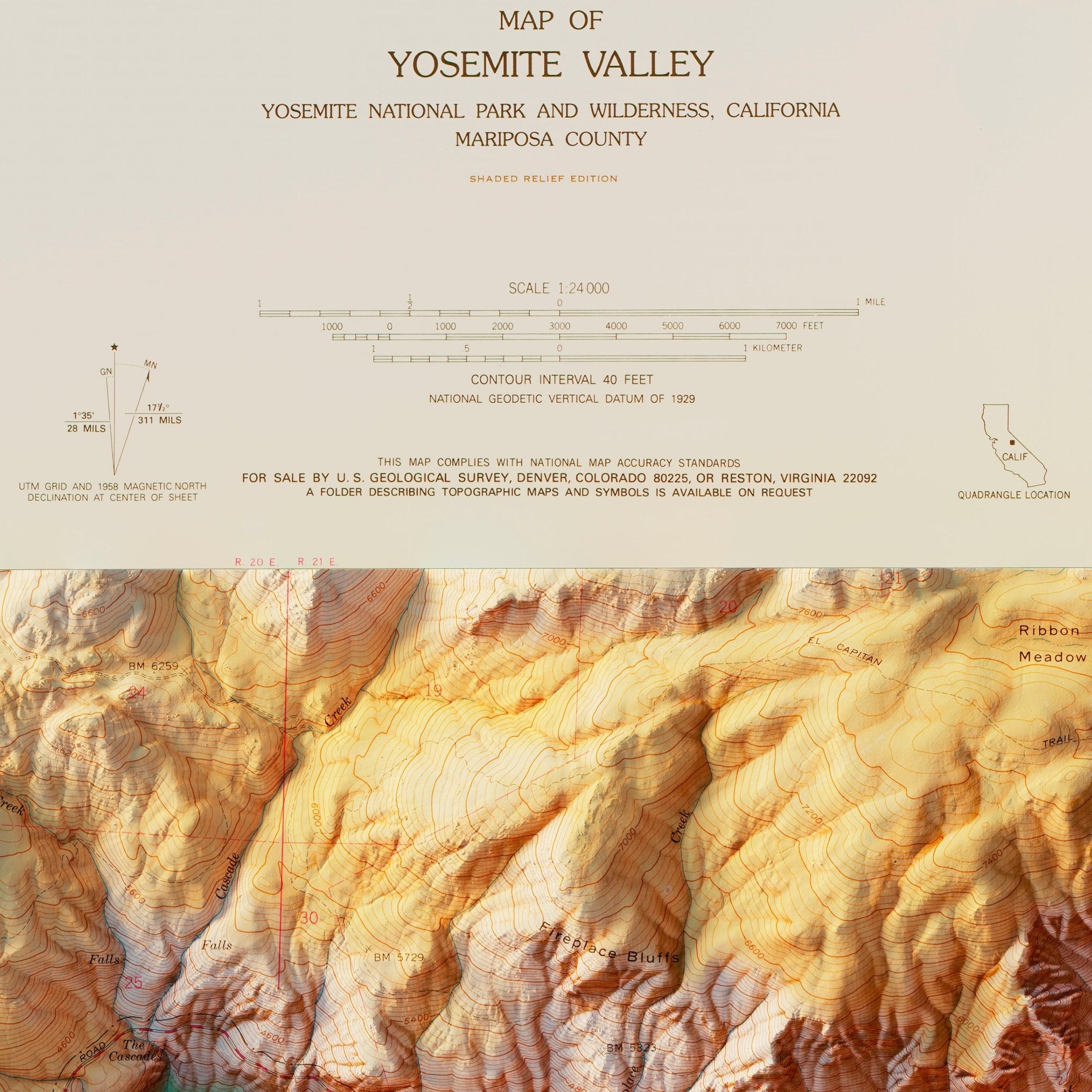Yosemite Valley 1970 Shaded Relief Map - Muir Way - Vintage Relief
