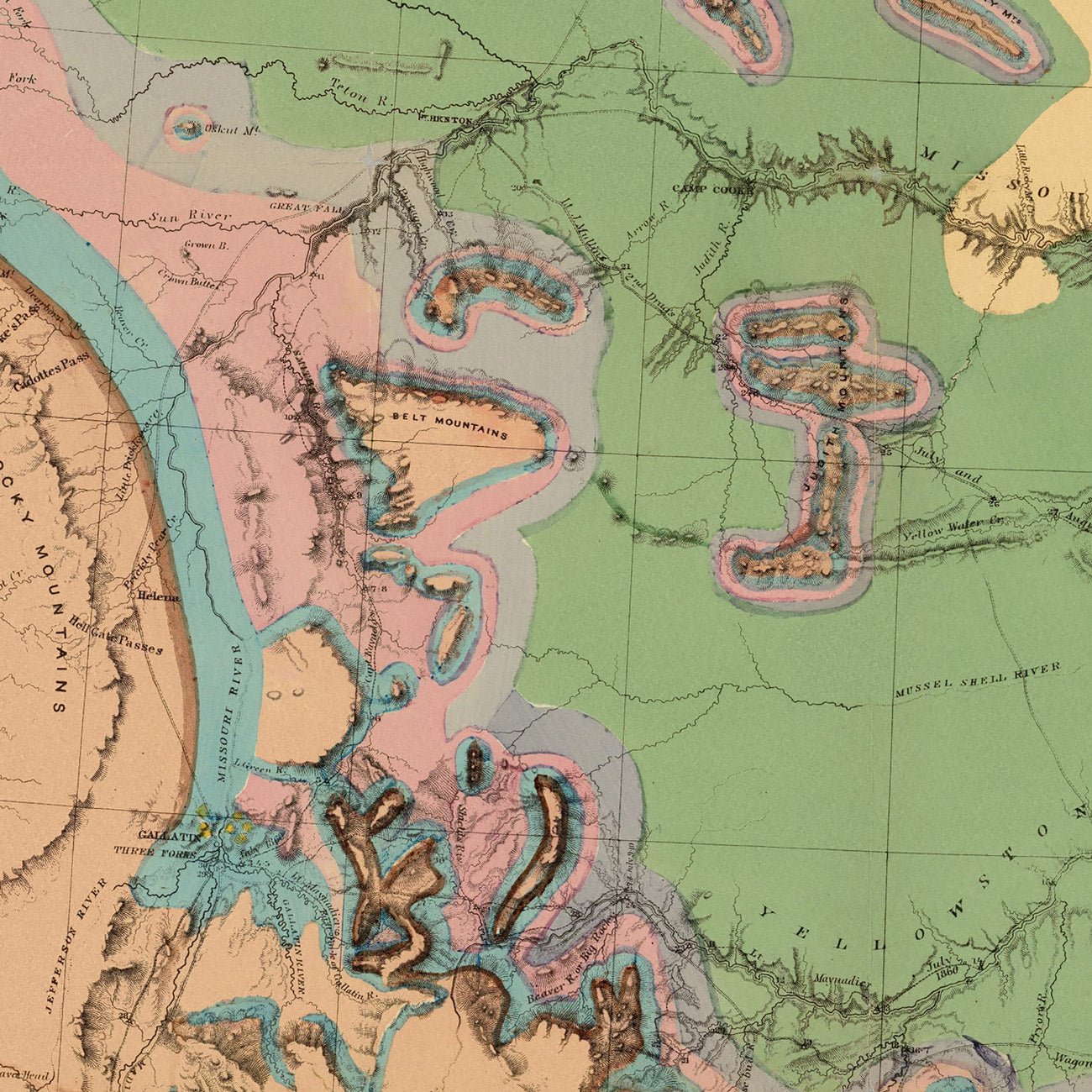 Yellowstone and Missouri Rivers Map 1869 - Muir Way - Vintage Map