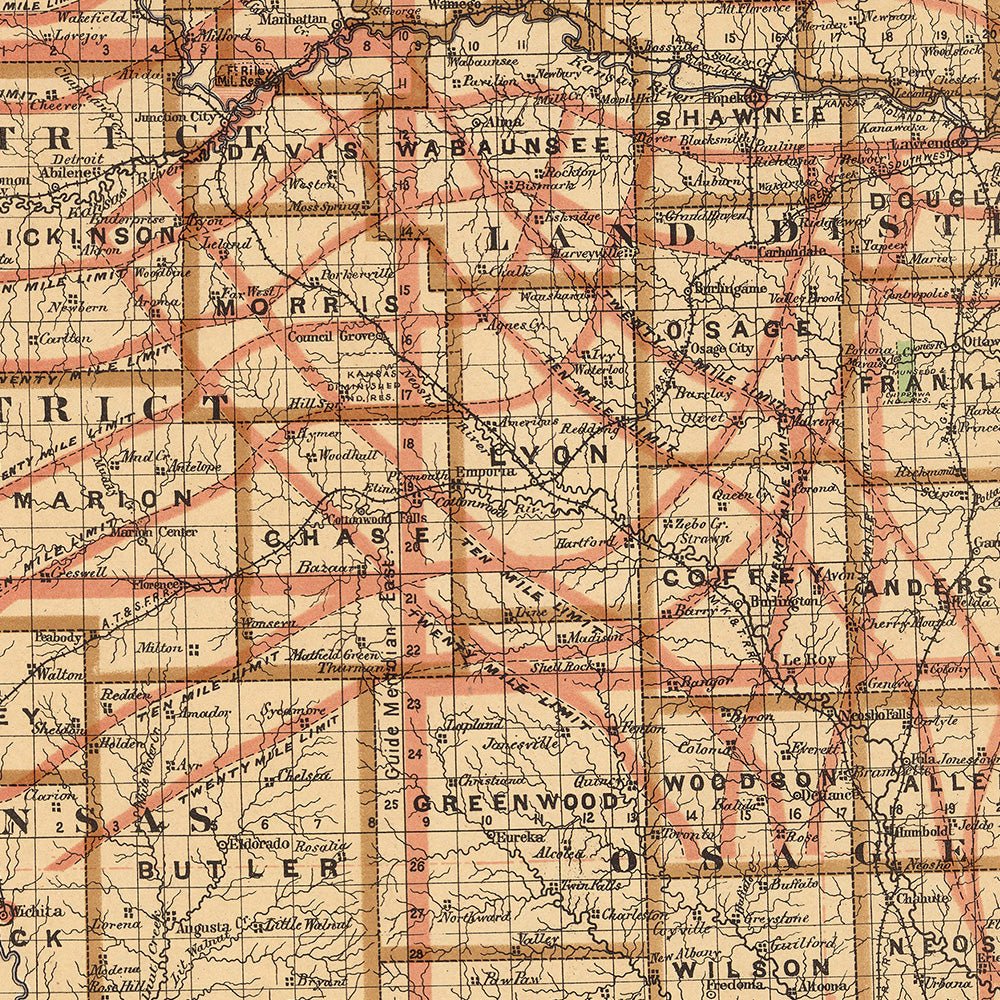 Kansas State 1876 Map - Muir Way - Vintage Map