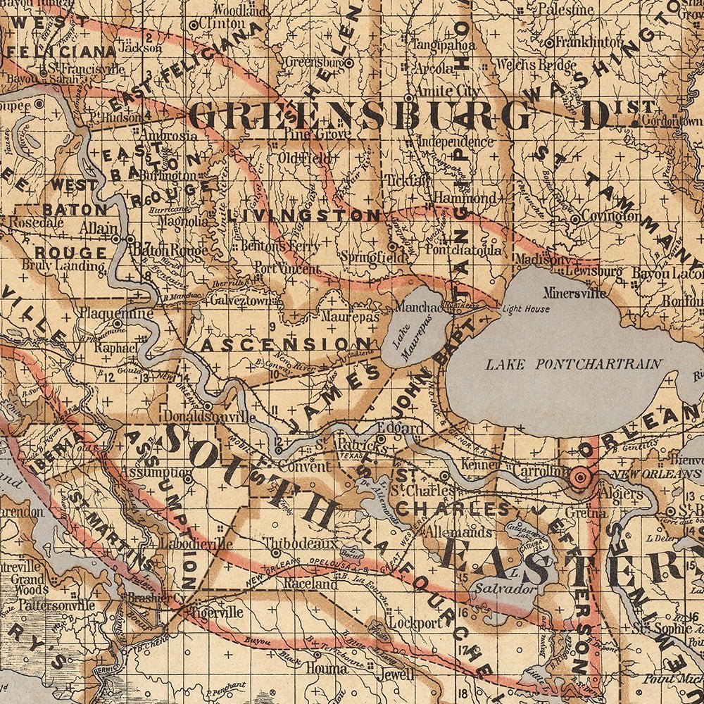 Louisiana State 1876 Map - Muir Way - Vintage Map