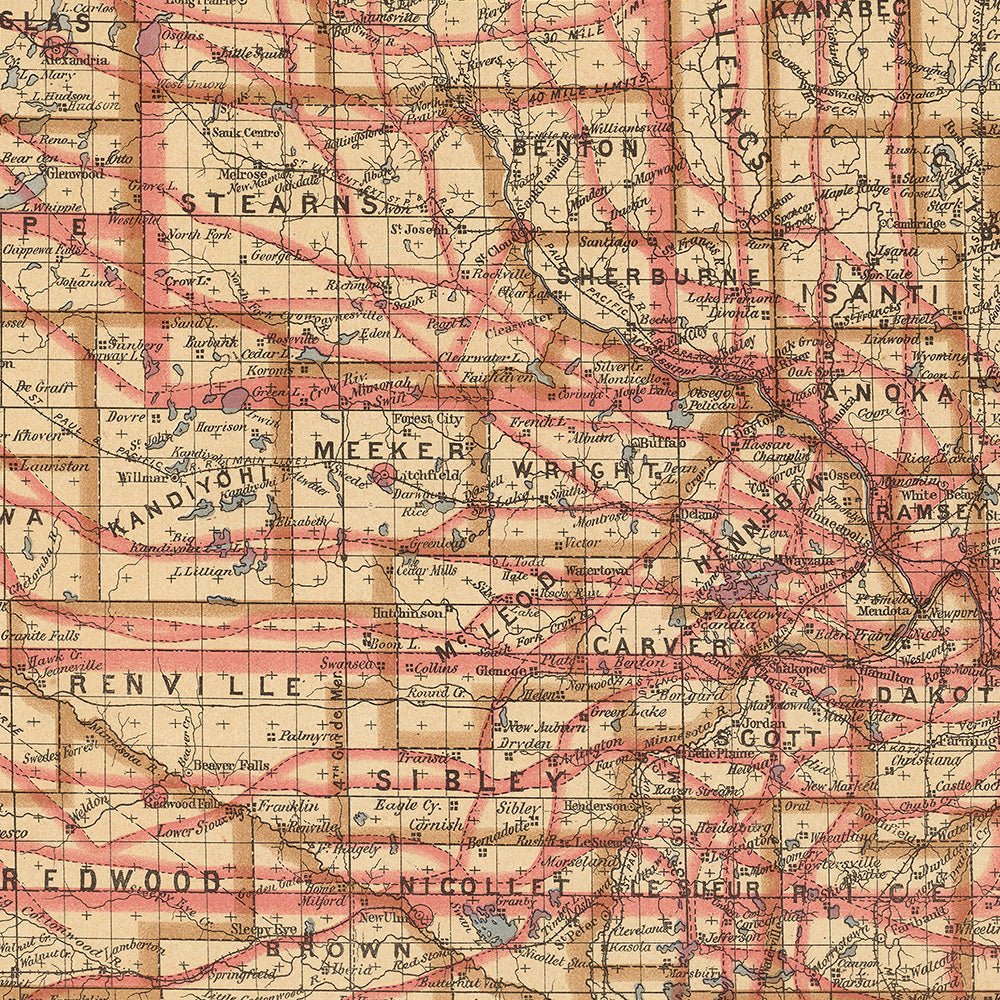 Minnesota State 1876 Map - Muir Way - Vintage Map