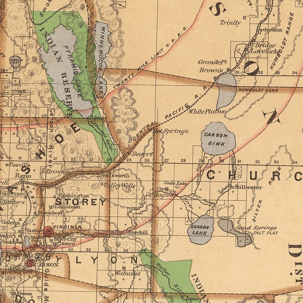 Nevada State 1876 Map - Muir Way - Vintage Map