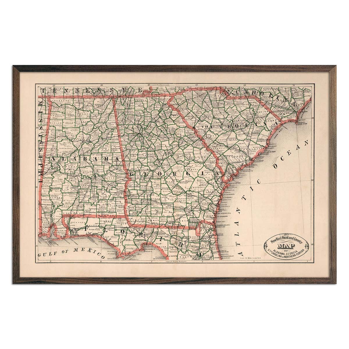 Alabama, Georgia, South Carolina and Northern Florida 1883 Map - Muir Way - Vintage Map