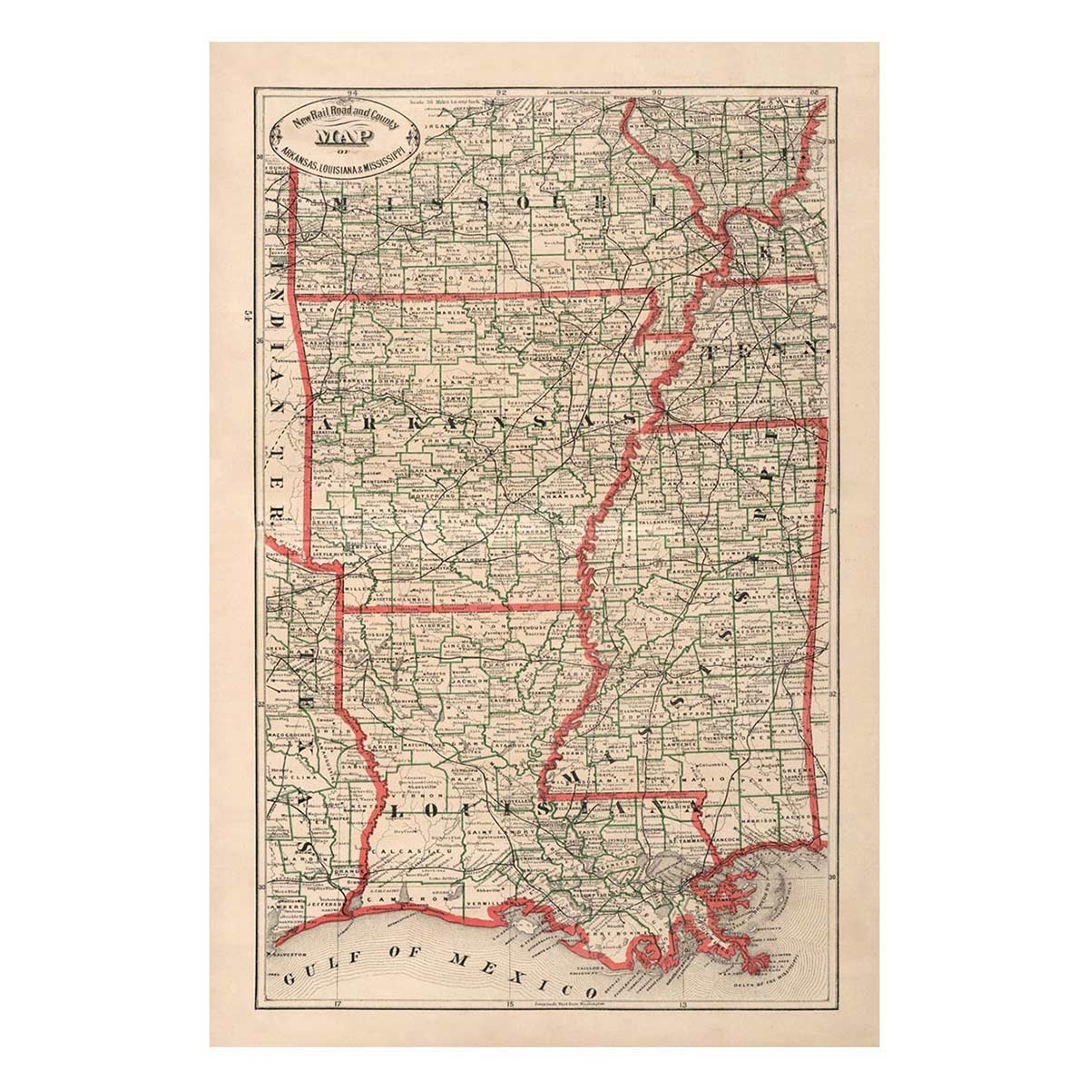 Arkansas, Louisiana and Mississippi 1883 Map - Muir Way - Vintage Map