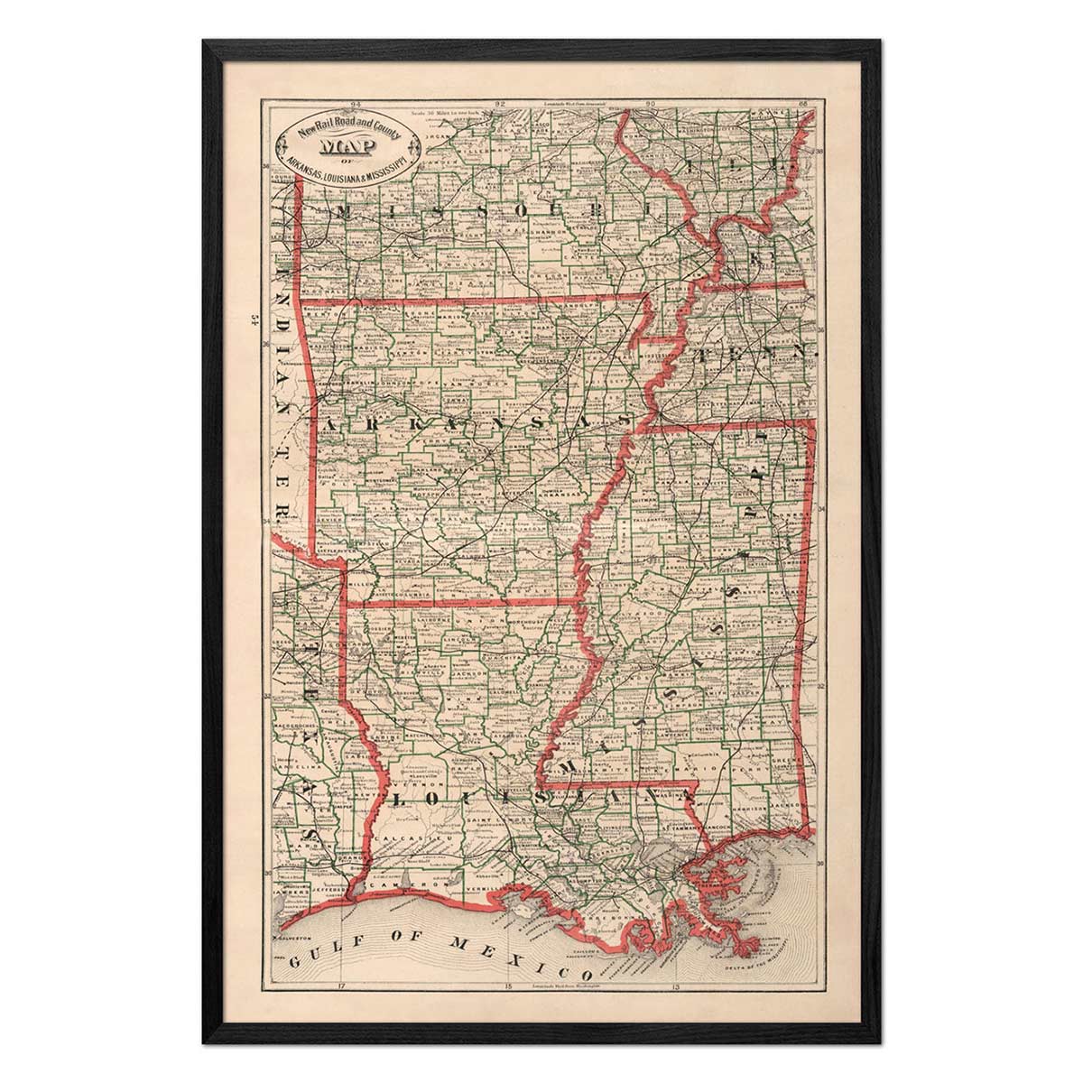 Arkansas, Louisiana and Mississippi 1883 Map - Muir Way - Vintage Map