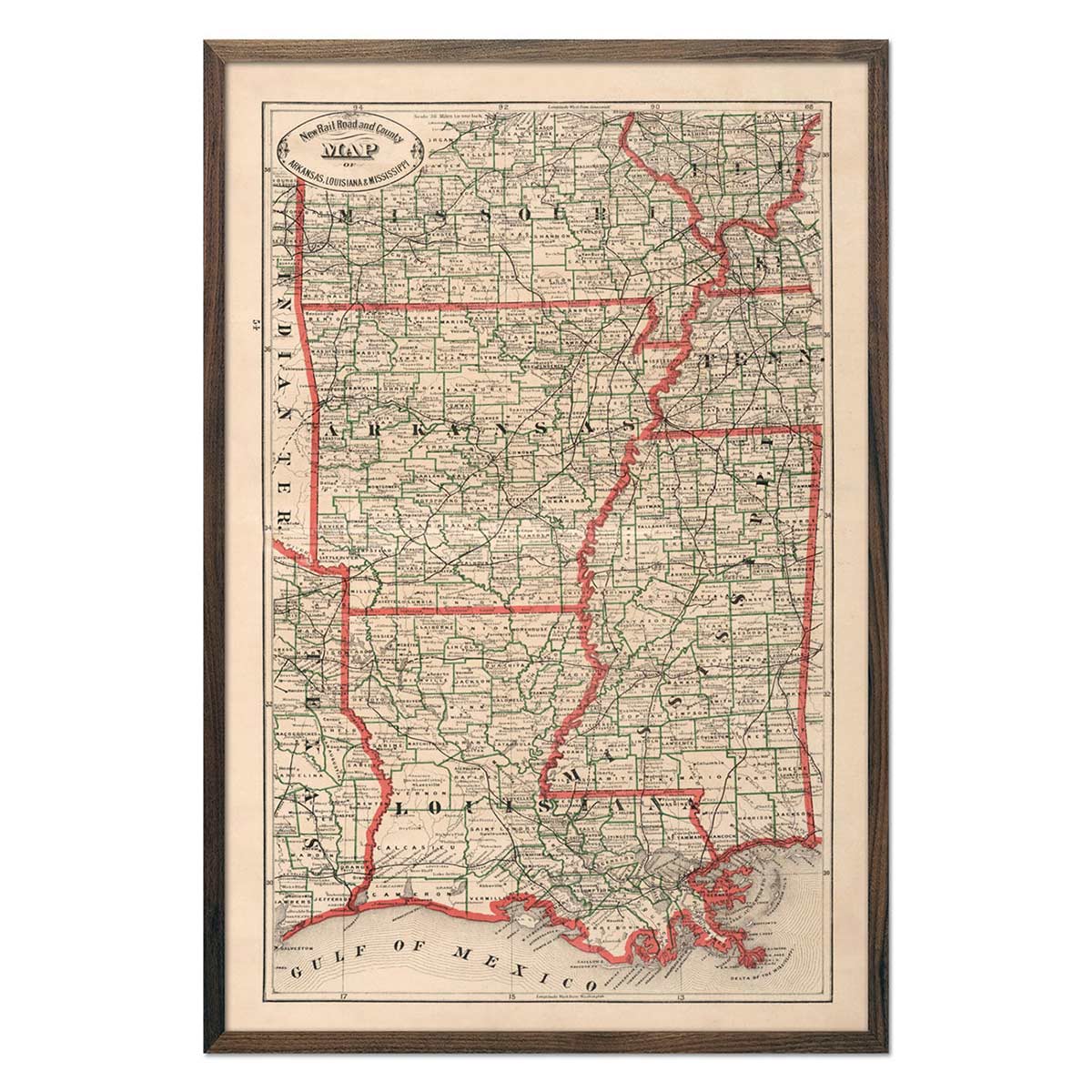 Arkansas, Louisiana and Mississippi 1883 Map - Muir Way - Vintage Map