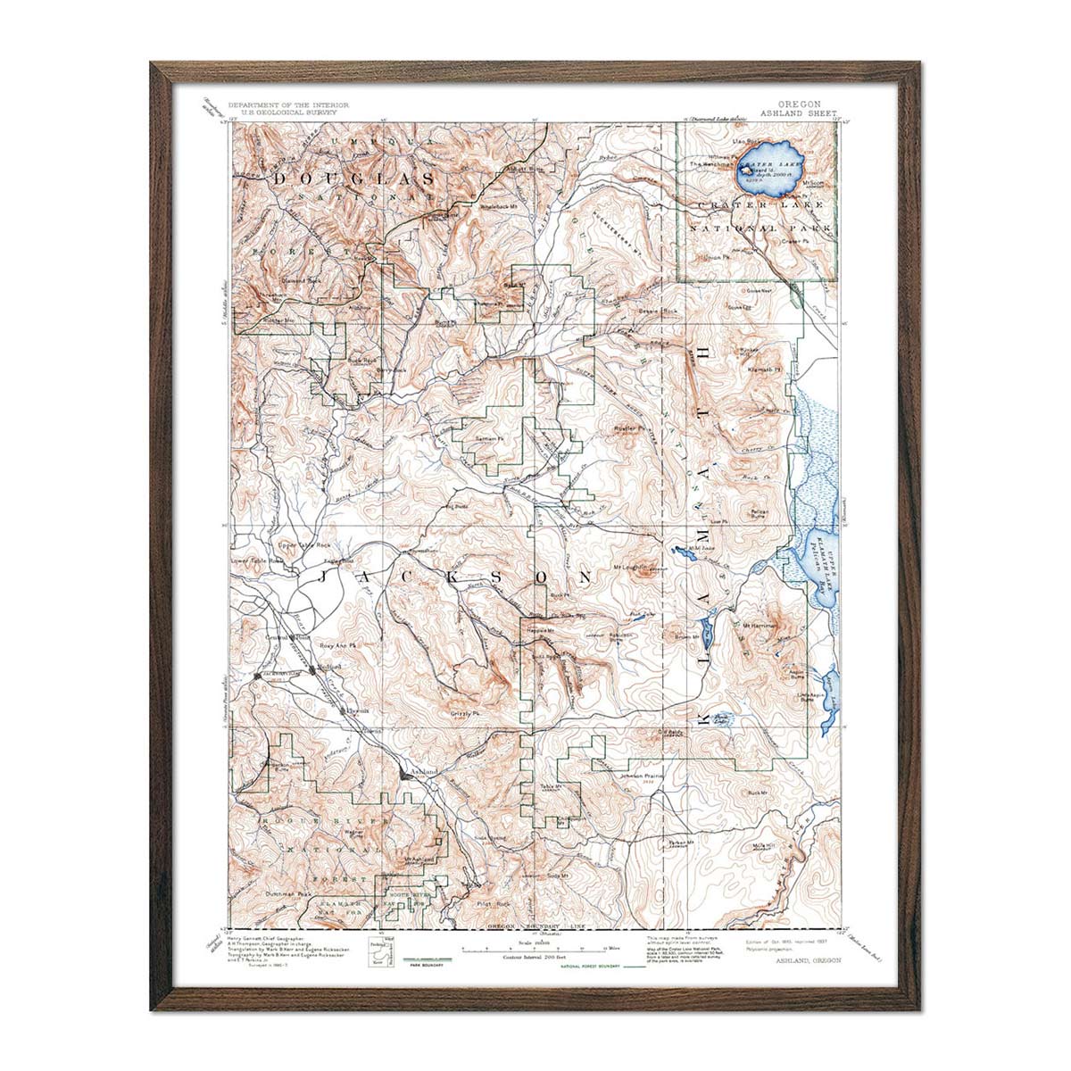 Crater Lake National Park 1937 USGS Map - Muir Way - Vintage Map