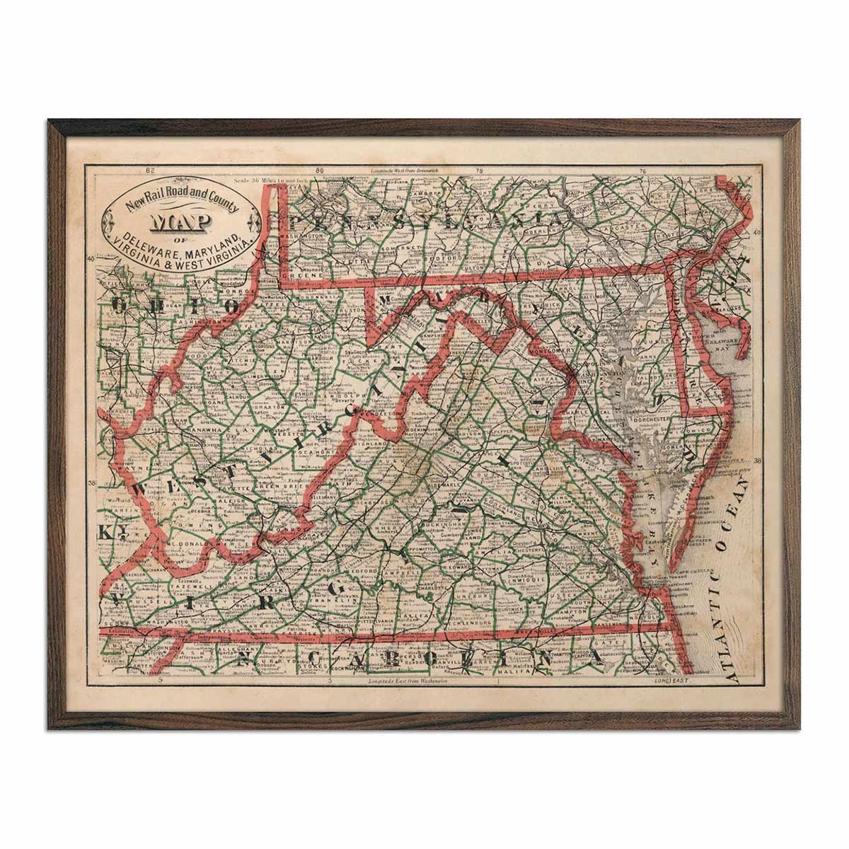 Delaware, Maryland, Virginia and West Virginia 1883 Map - Muir Way - Vintage Map