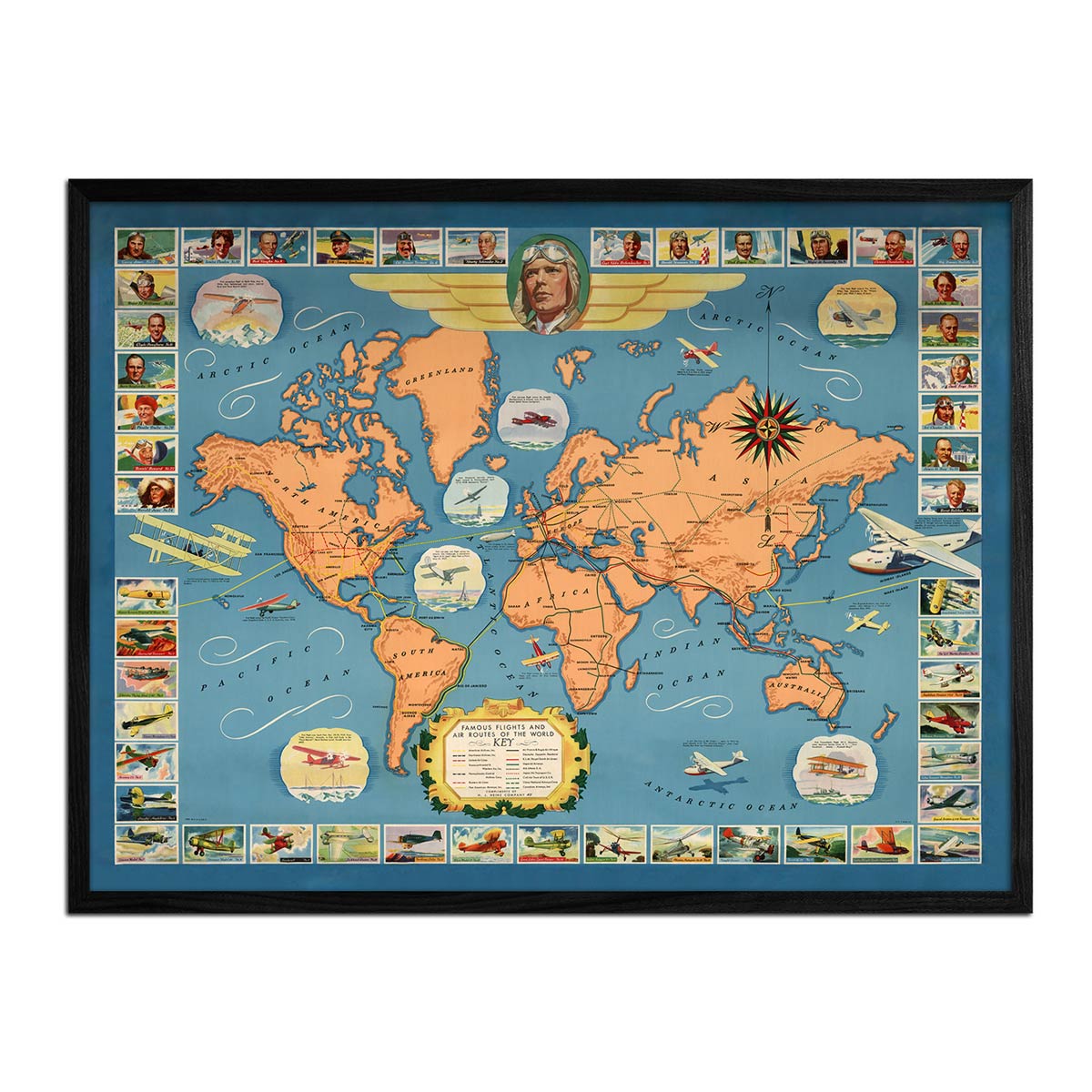 Famous Flights and Air Routes of the World - Muir Way - Vintage Map