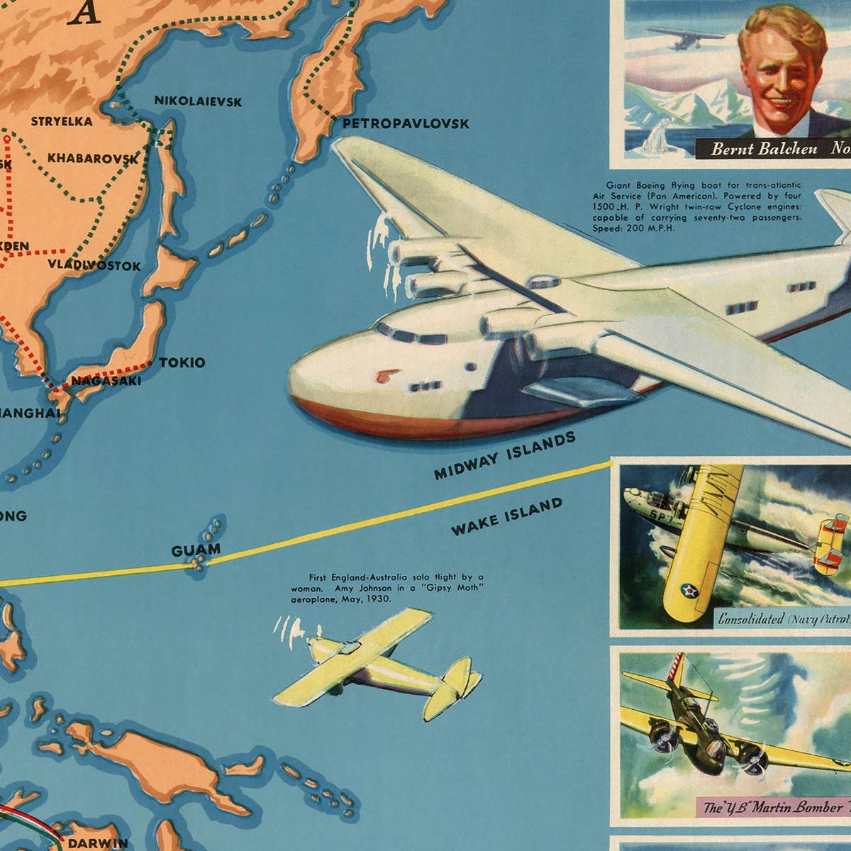 Famous Flights and Air Routes of the World - Muir Way - Vintage Map