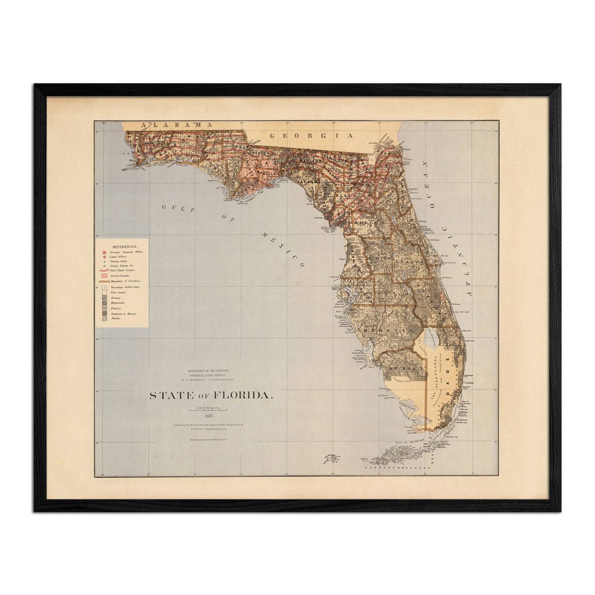 Florida State 1876 Map - Muir Way - Vintage Map