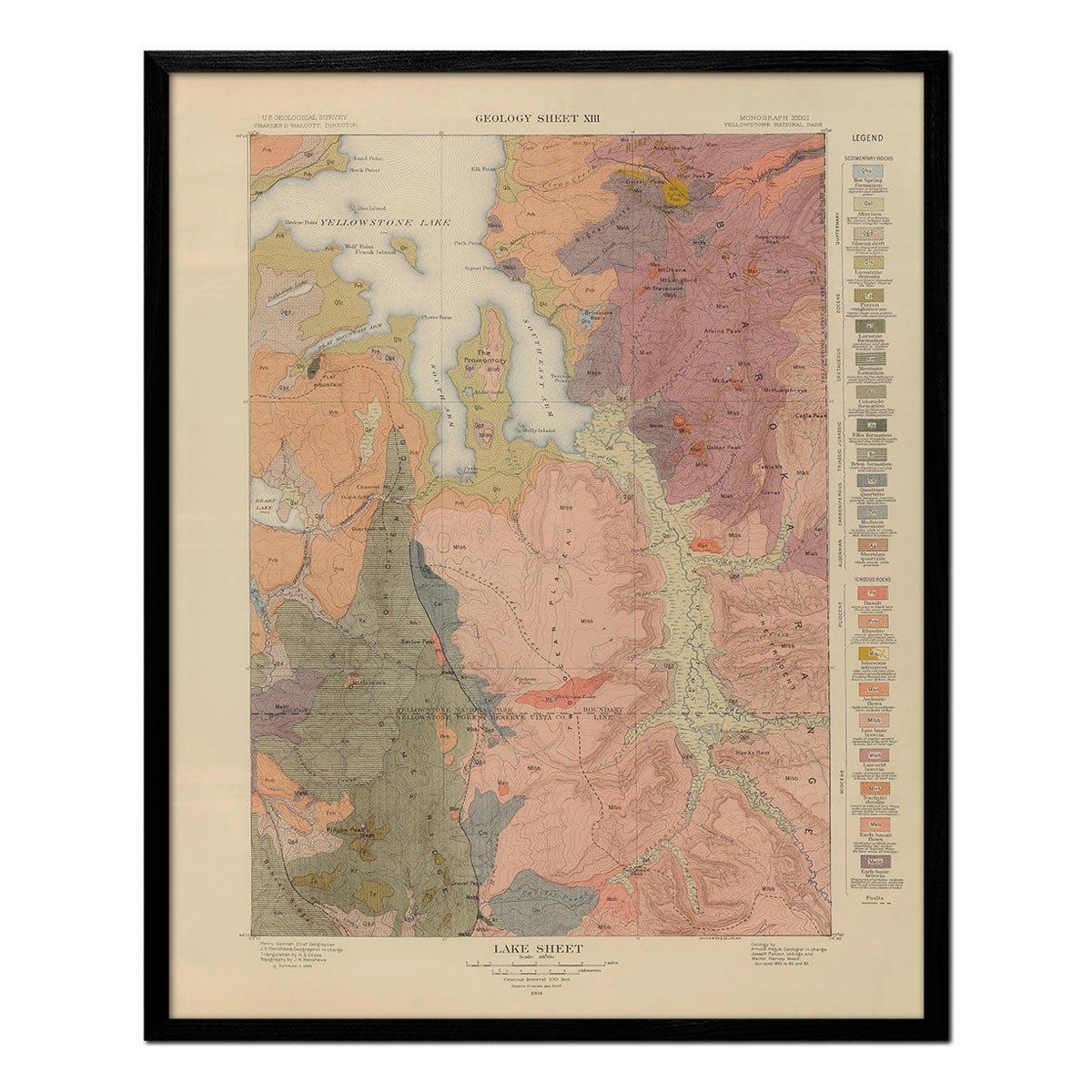 Yellowstone Geologic Map of Lake Section 1904 Map - Muir Way - Vintage Map
