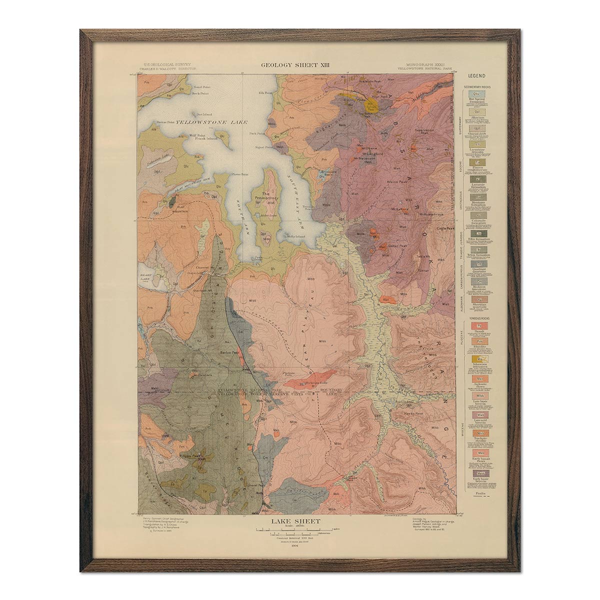 Yellowstone Geologic Map of Lake Section 1904 Map - Muir Way - Vintage Map