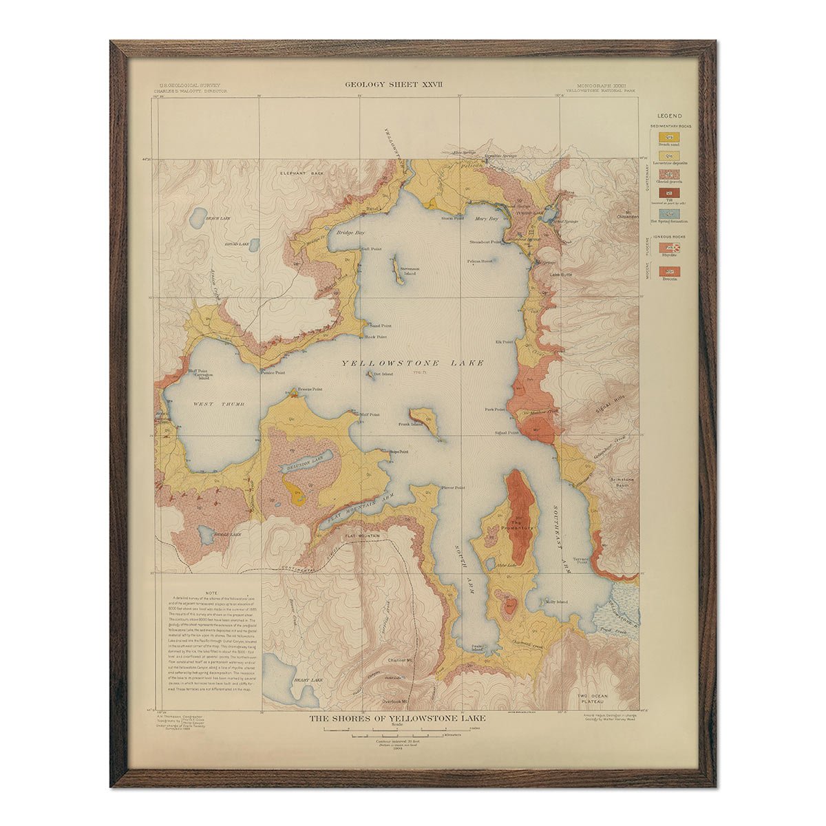Yellowstone Geologic Map of the Shores of Yellowstone Lake 1904 Map - Muir Way - Vintage Map