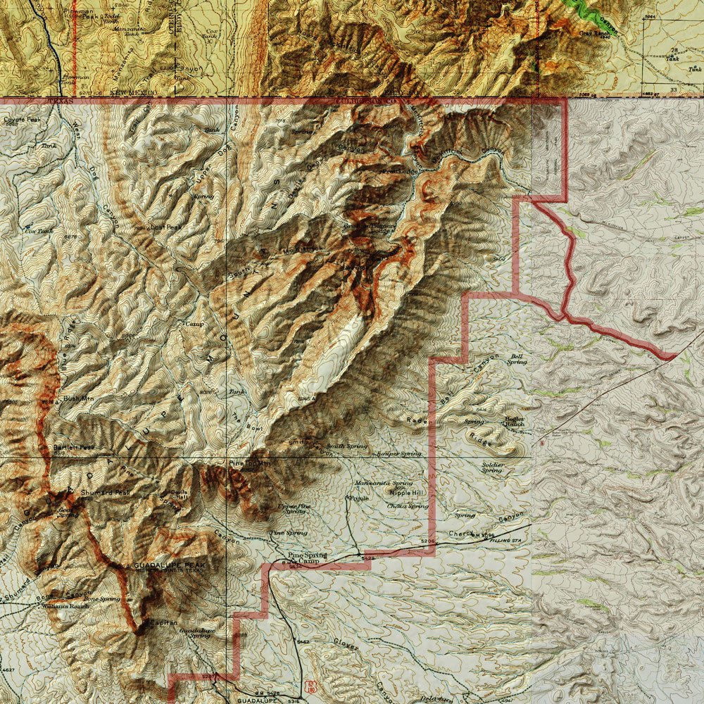 Guadalupe Mountains Shaded Relief Map - Muir Way - Relief Series