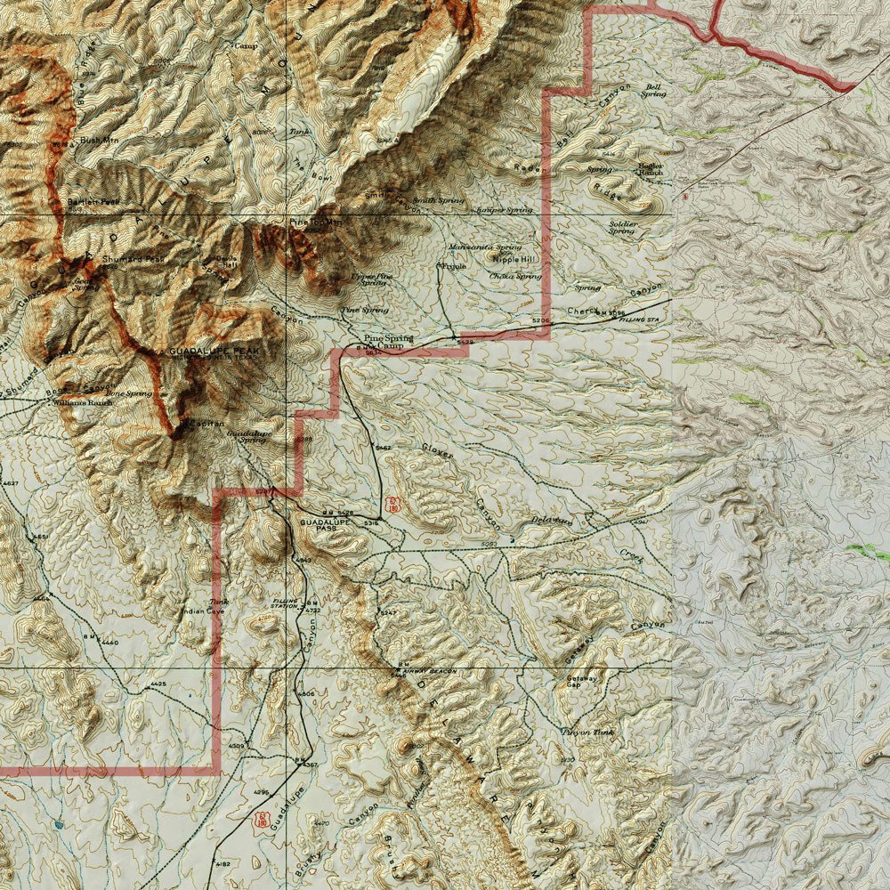 Guadalupe Mountains Shaded Relief Map - Muir Way - Relief Series