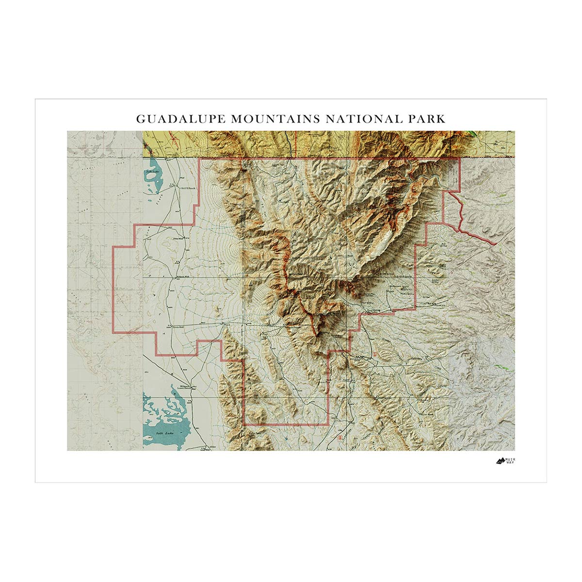 Guadalupe Mountains Shaded Relief Map - Muir Way - Relief Series