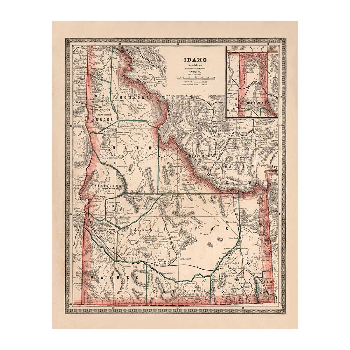Idaho 1883 Map - Muir Way - Vintage Map
