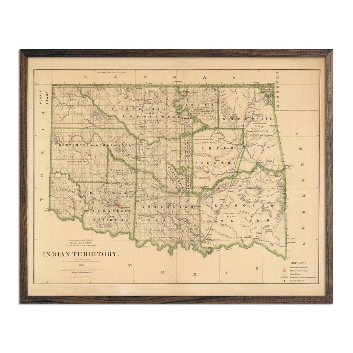 Indian Territory (Oklahoma) 1876 Map - Muir Way - Vintage Map