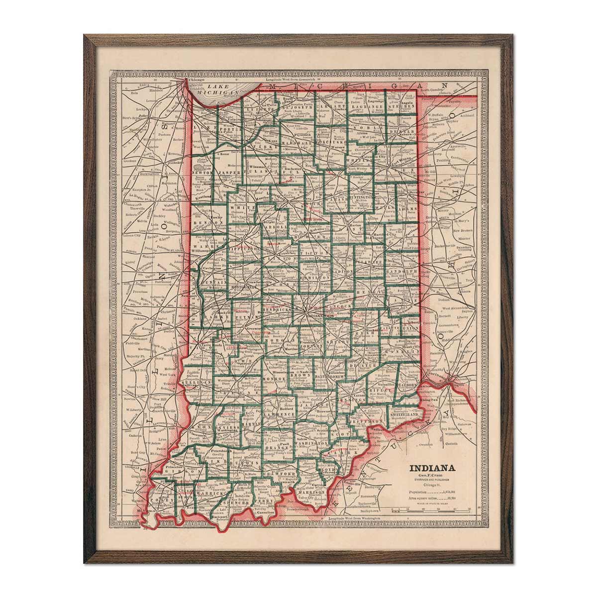 Indiana 1883 Map - Muir Way - Vintage Map