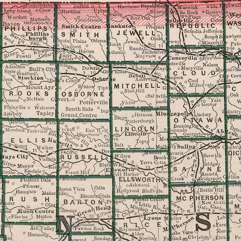 Kansas 1883 Map - Muir Way - Vintage Map