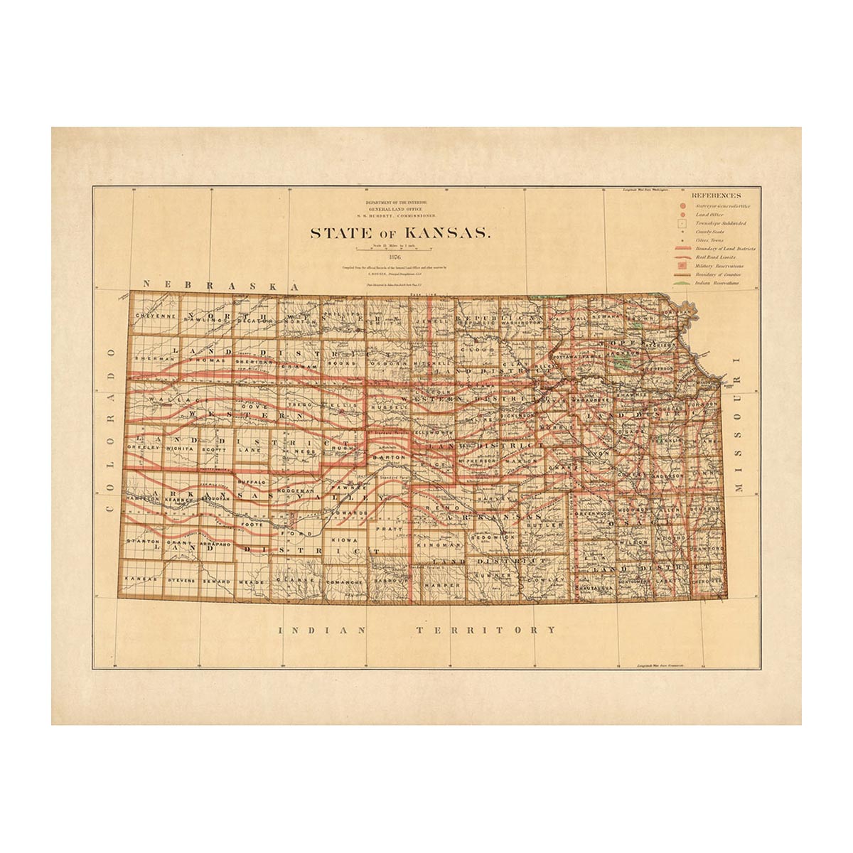 Kansas State 1876 Map - Muir Way - Vintage Map