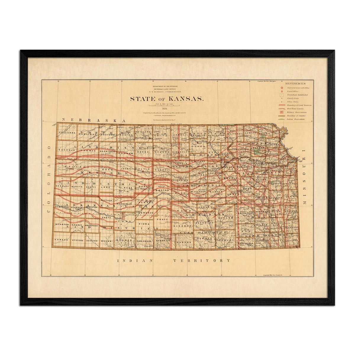 Kansas State 1876 Map - Muir Way - Vintage Map